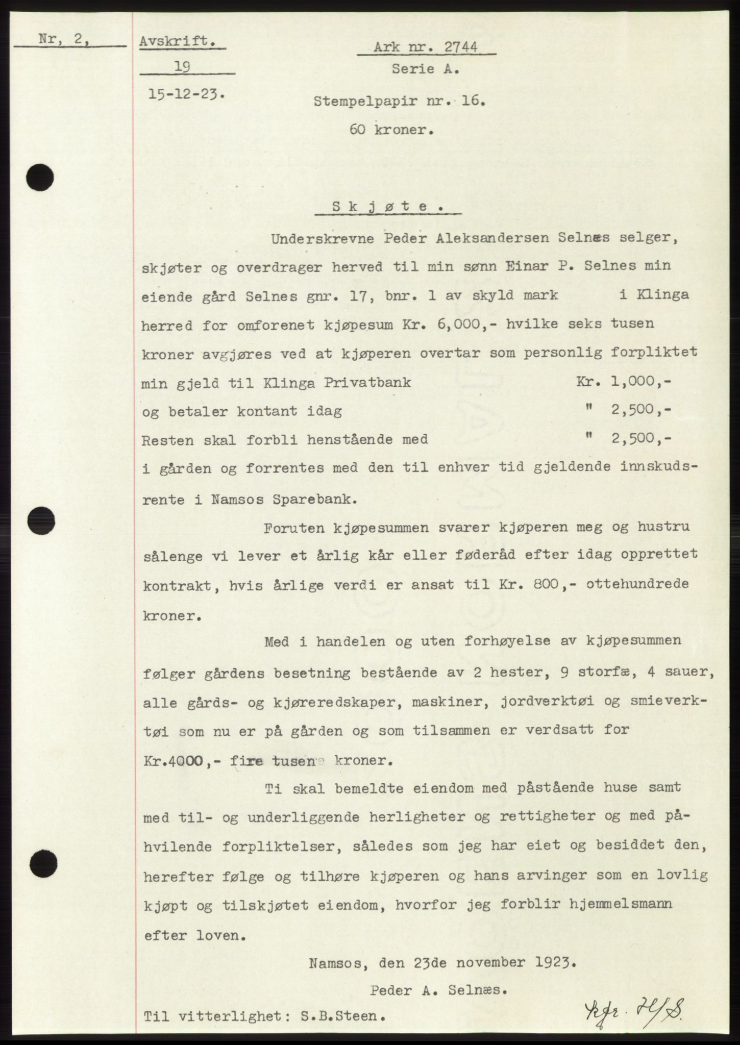 Namdal sorenskriveri, SAT/A-4133/1/2/2C: Pantebok nr. -, 1922-1925, Tingl.dato: 15.12.1923