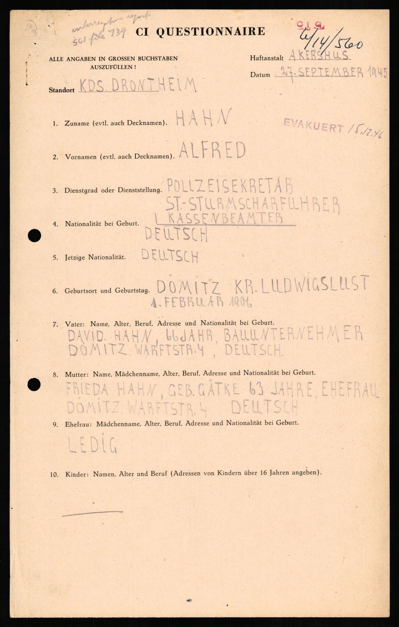 Forsvaret, Forsvarets overkommando II, RA/RAFA-3915/D/Db/L0011: CI Questionaires. Tyske okkupasjonsstyrker i Norge. Tyskere., 1945-1946, s. 305