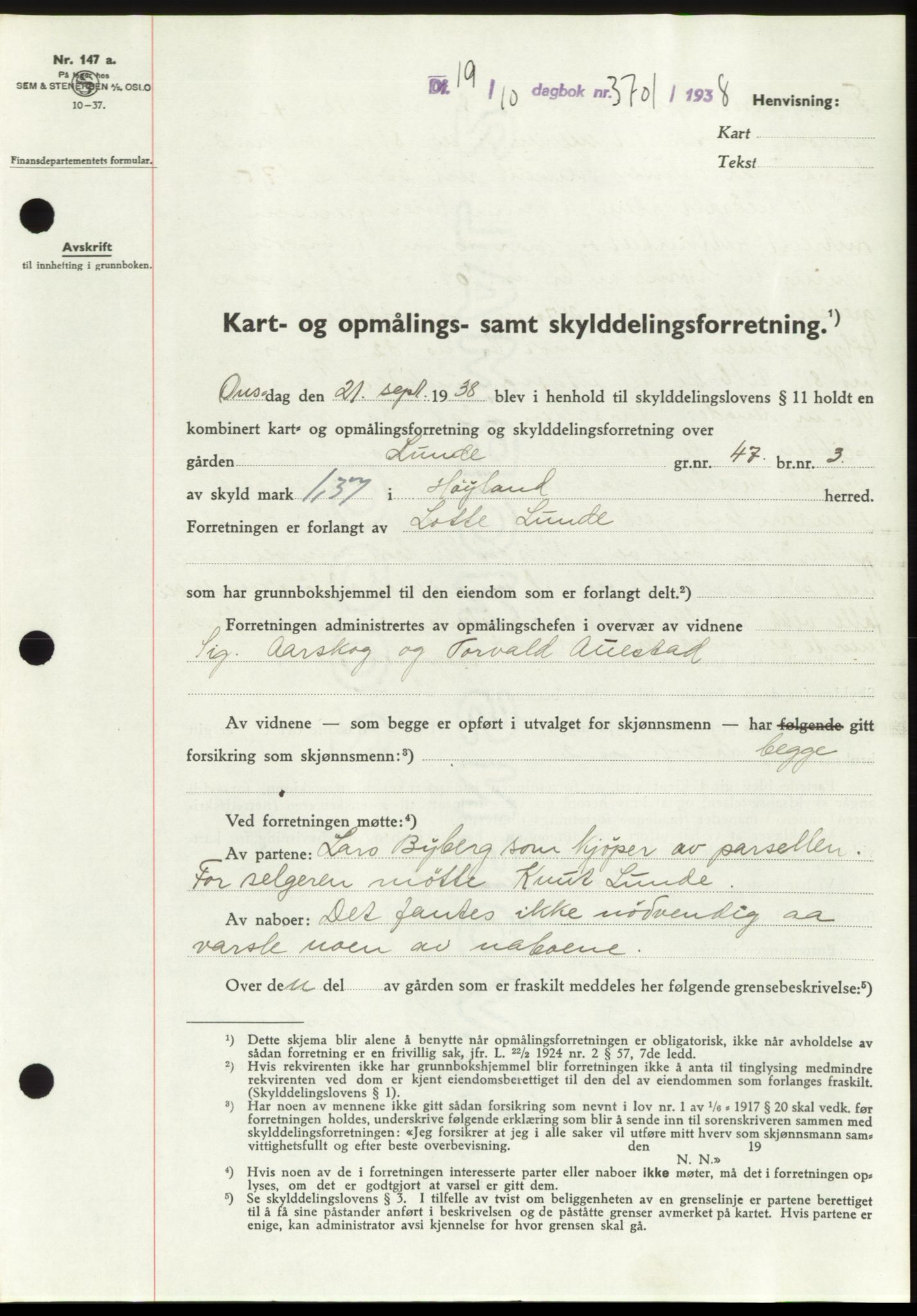 Jæren sorenskriveri, SAST/A-100310/03/G/Gba/L0072: Pantebok, 1938-1938, Dagboknr: 3701/1938