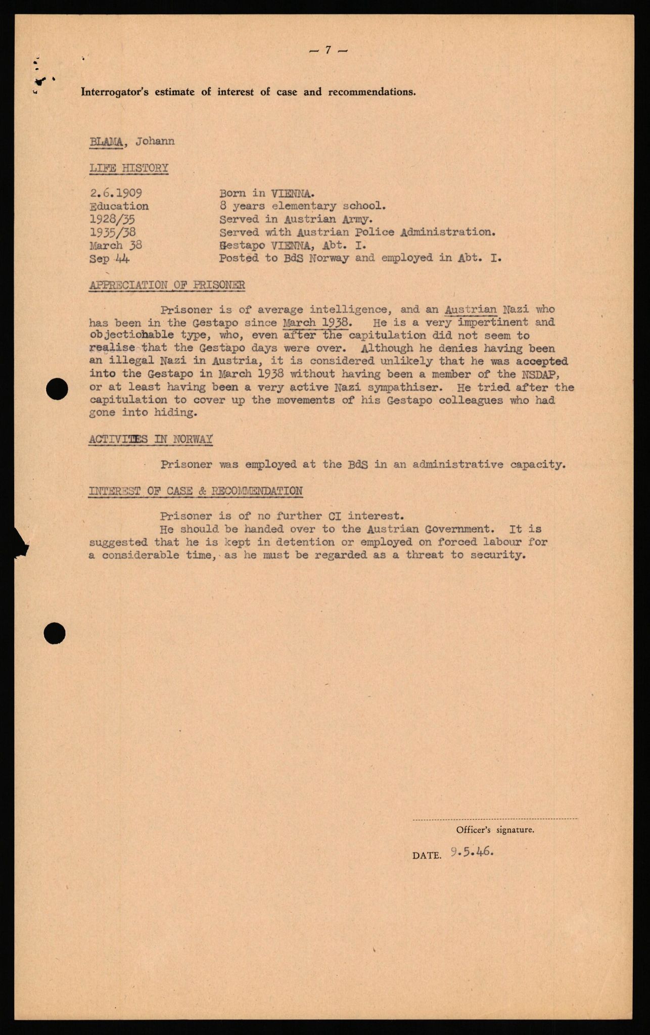 Forsvaret, Forsvarets overkommando II, RA/RAFA-3915/D/Db/L0038: CI Questionaires. Tyske okkupasjonsstyrker i Norge. Østerrikere., 1945-1946, s. 100