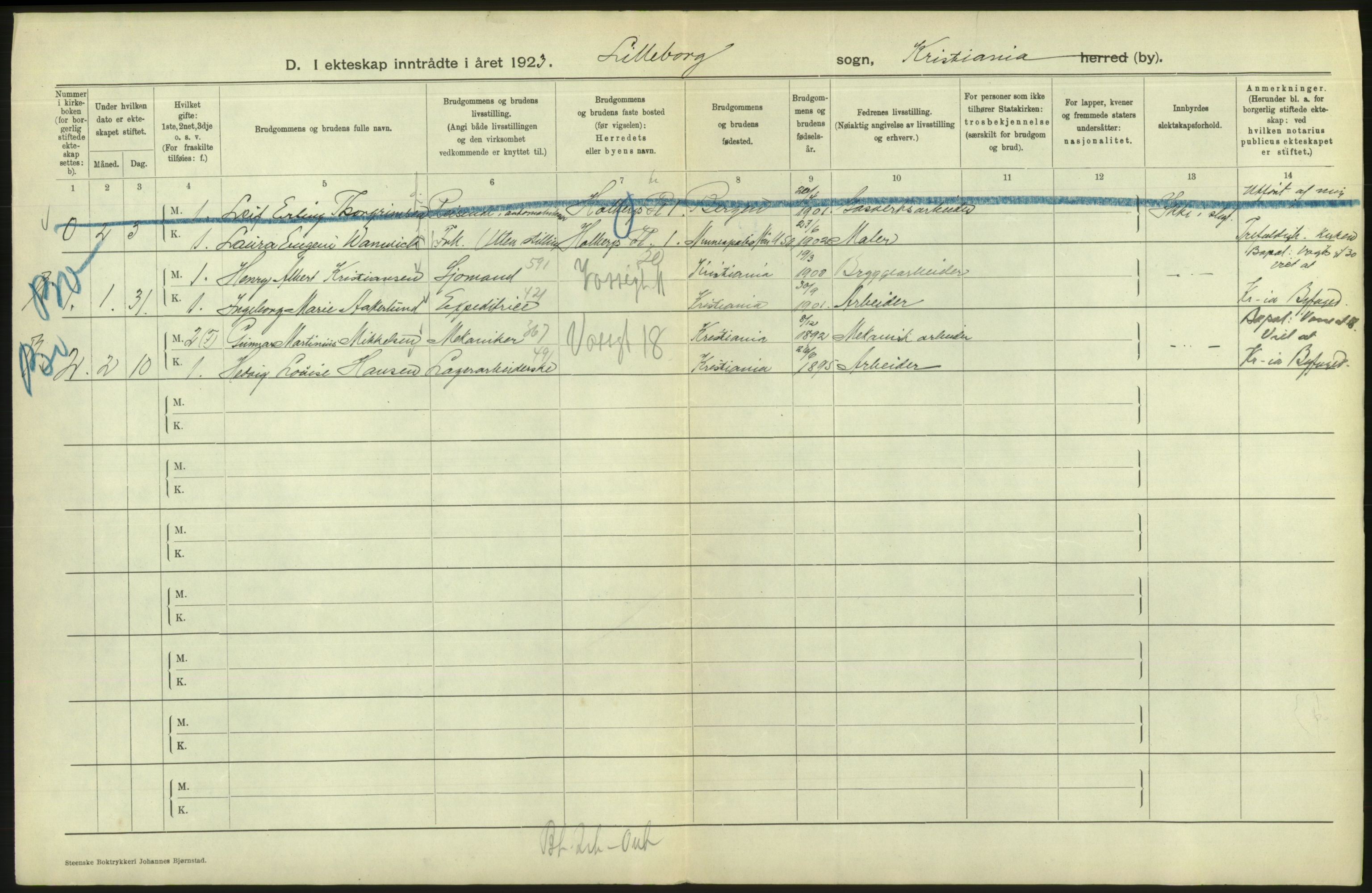 Statistisk sentralbyrå, Sosiodemografiske emner, Befolkning, AV/RA-S-2228/D/Df/Dfc/Dfcc/L0008: Kristiania: Gifte, 1923, s. 408