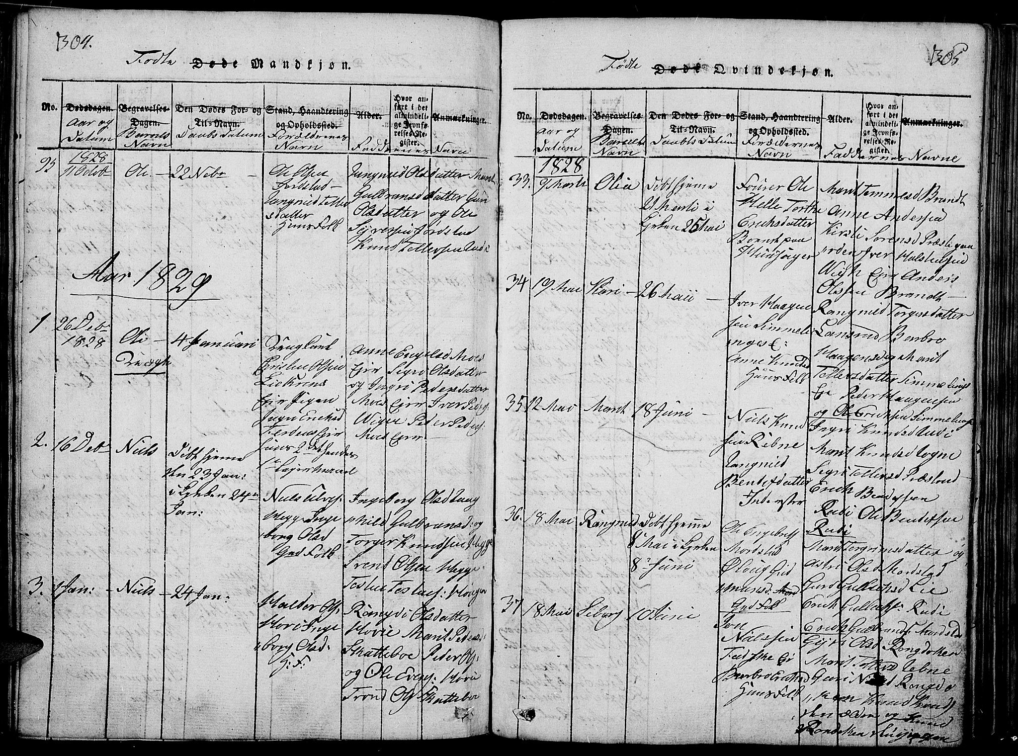 Slidre prestekontor, AV/SAH-PREST-134/H/Ha/Haa/L0002: Ministerialbok nr. 2, 1814-1830, s. 304-305