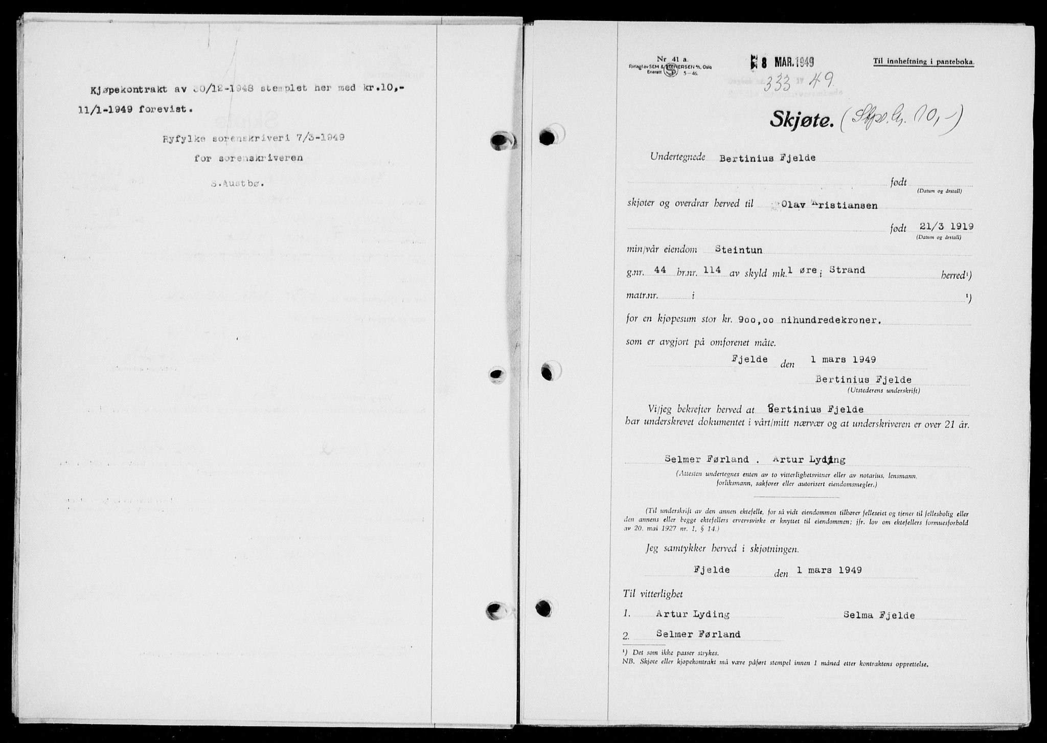 Ryfylke tingrett, SAST/A-100055/001/II/IIB/L0104: Pantebok nr. 83, 1948-1949, Dagboknr: 333/1949
