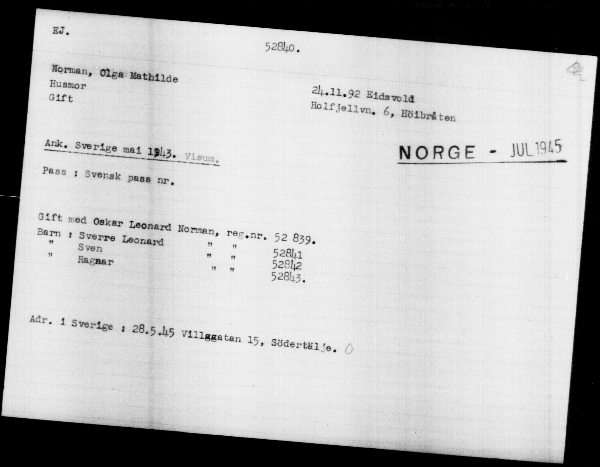 Utenriksstasjonene, Legasjonen i Stockholm, Flyktningkontoret, AV/RA-S-6753/V/Va/L0019: Kjesäterkartoteket, flyktninger med registreringsnr. 49600-55060, 1940-1945, s. 2310