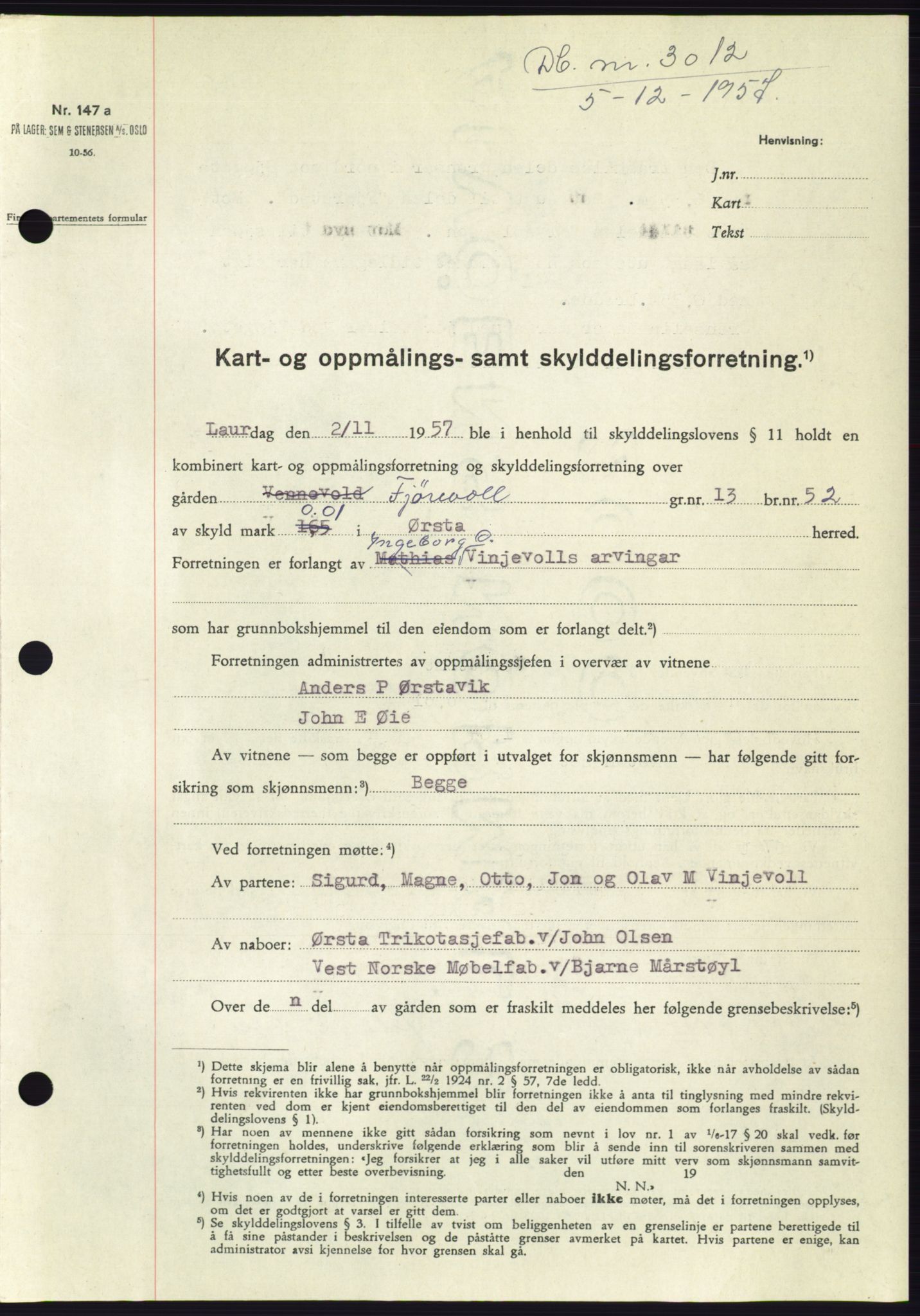 Søre Sunnmøre sorenskriveri, SAT/A-4122/1/2/2C/L0108: Pantebok nr. 34A, 1957-1958, Dagboknr: 3012/1957