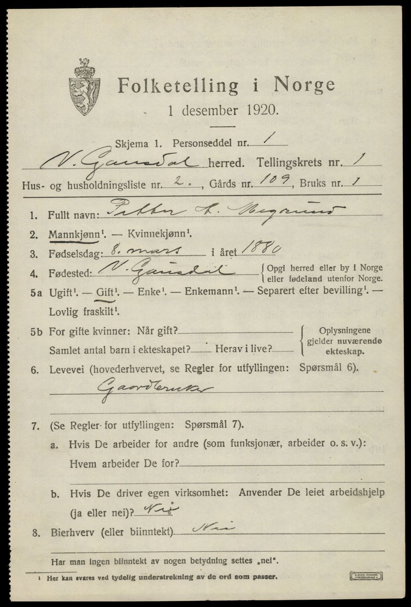 SAH, Folketelling 1920 for 0523 Vestre Gausdal herred, 1920, s. 917