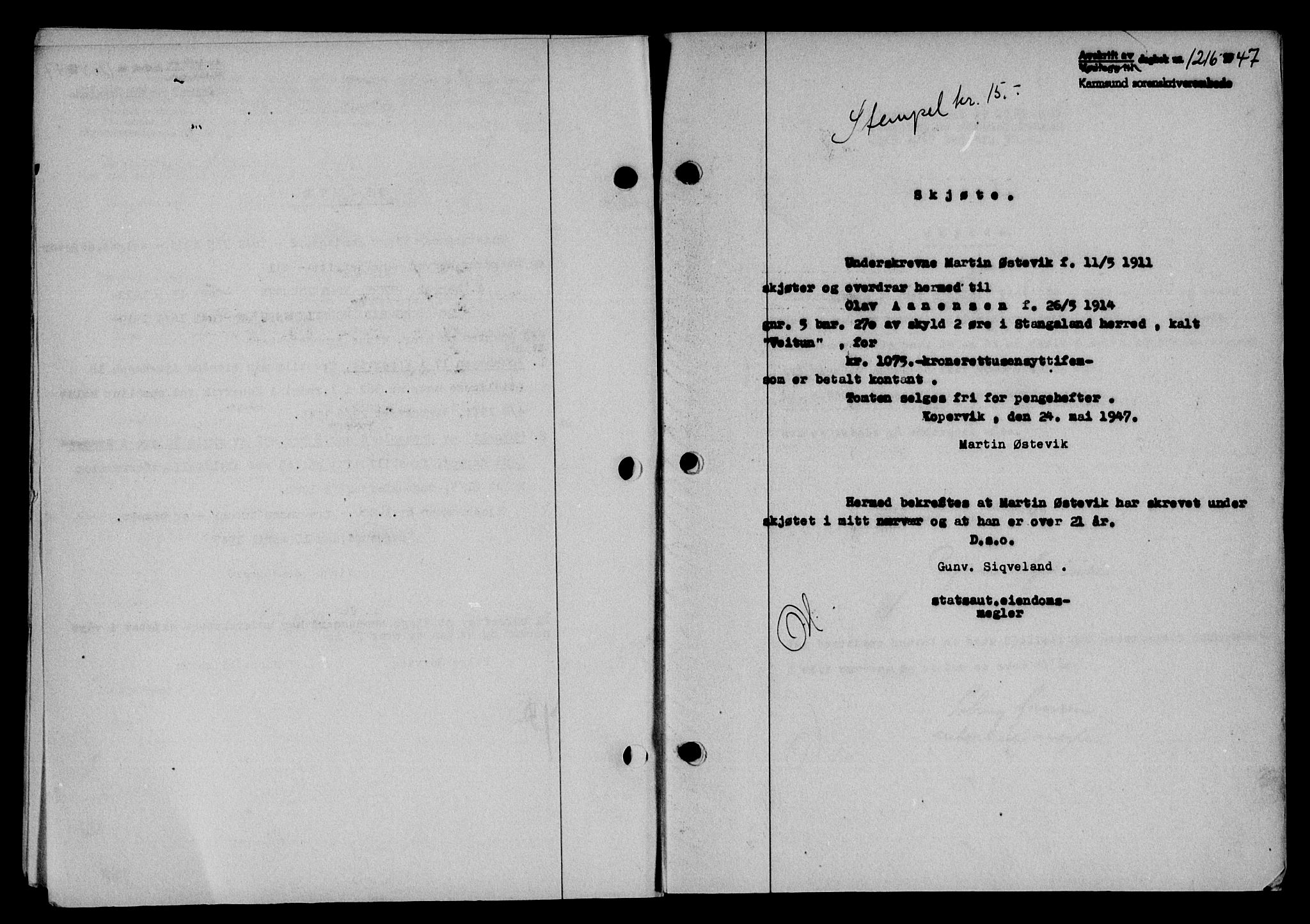 Karmsund sorenskriveri, SAST/A-100311/01/II/IIB/L0089: Pantebok nr. 69A, 1947-1947, Dagboknr: 1216/1947