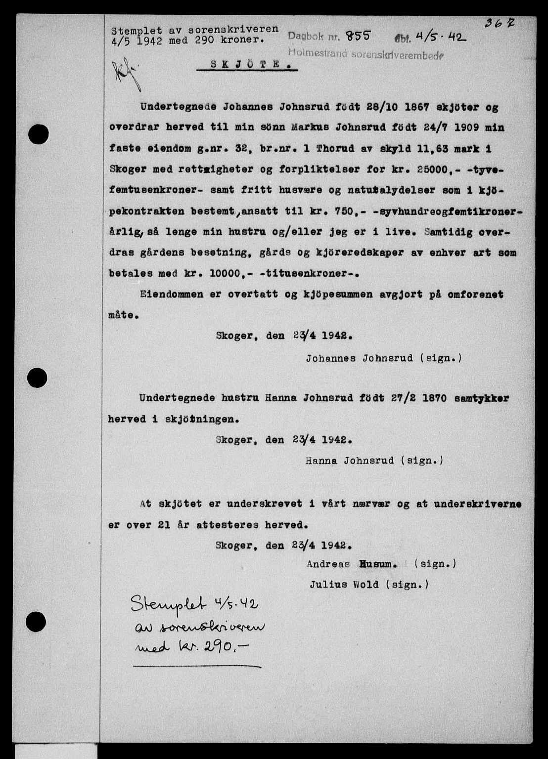 Holmestrand sorenskriveri, SAKO/A-67/G/Ga/Gaa/L0055: Pantebok nr. A-55, 1942-1942, Dagboknr: 855/1942
