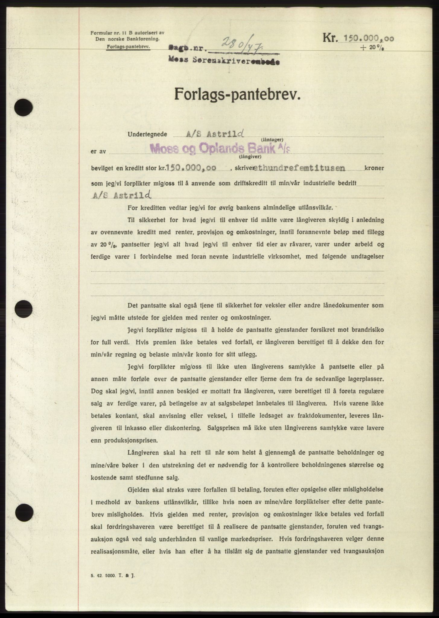 Moss sorenskriveri, SAO/A-10168: Pantebok nr. B16, 1946-1947, Dagboknr: 280/1947