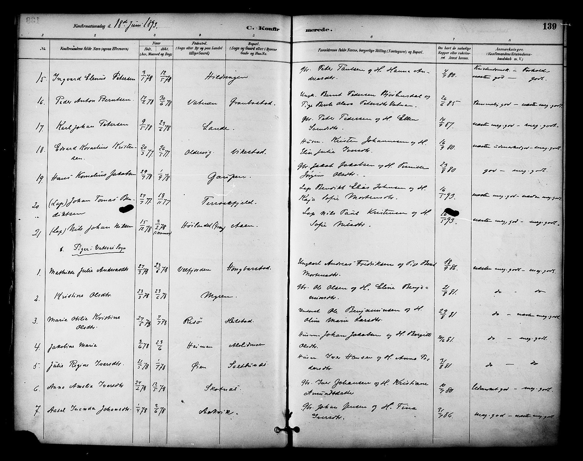 Ministerialprotokoller, klokkerbøker og fødselsregistre - Nordland, AV/SAT-A-1459/810/L0150: Ministerialbok nr. 810A10 /1, 1884-1895, s. 139