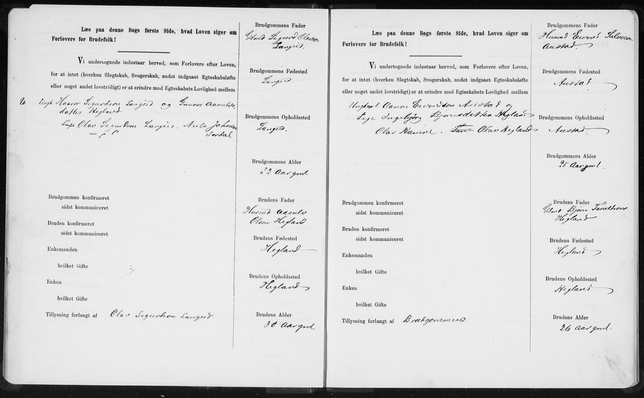 Bygland sokneprestkontor, AV/SAK-1111-0006/F/Fe/L0001: Lysningsprotokoll nr. II.5.1, 1887-1908
