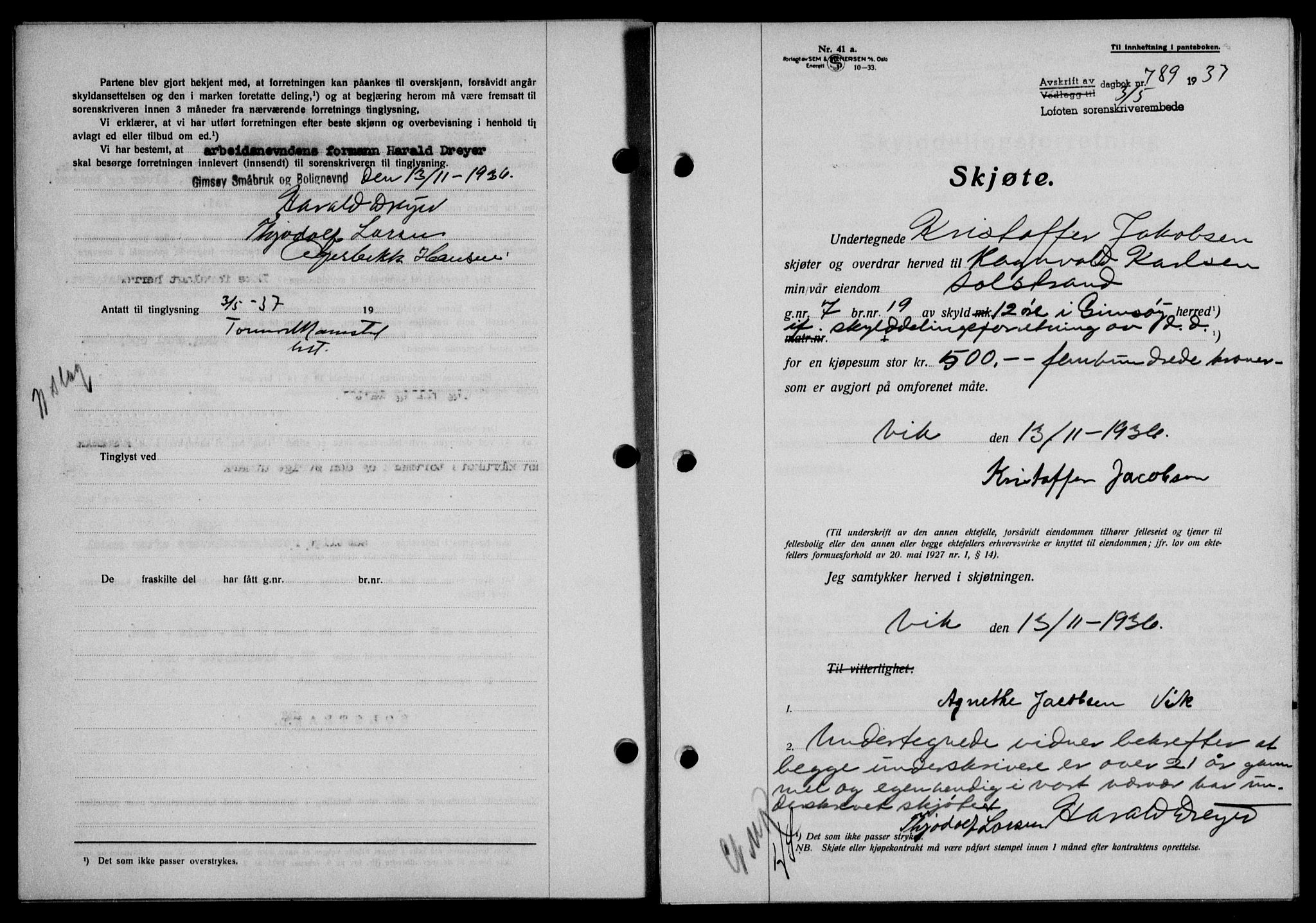 Lofoten sorenskriveri, SAT/A-0017/1/2/2C/L0002a: Pantebok nr. 2a, 1937-1937, Dagboknr: 789/1937