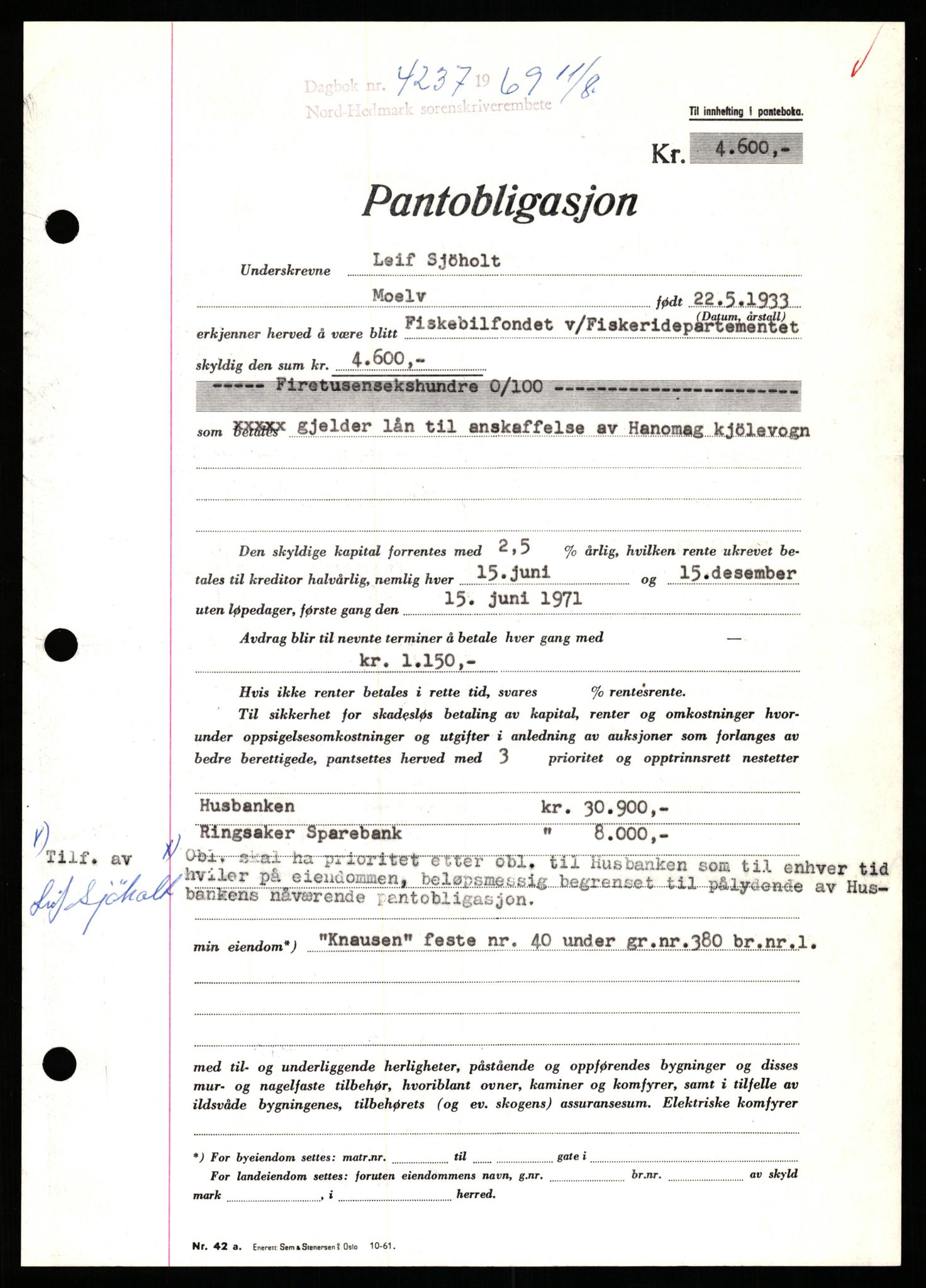 Nord-Hedmark sorenskriveri, SAH/TING-012/H/Hb/Hbf/L0080: Pantebok nr. B80, 1969-1969, Dagboknr: 4237/1969