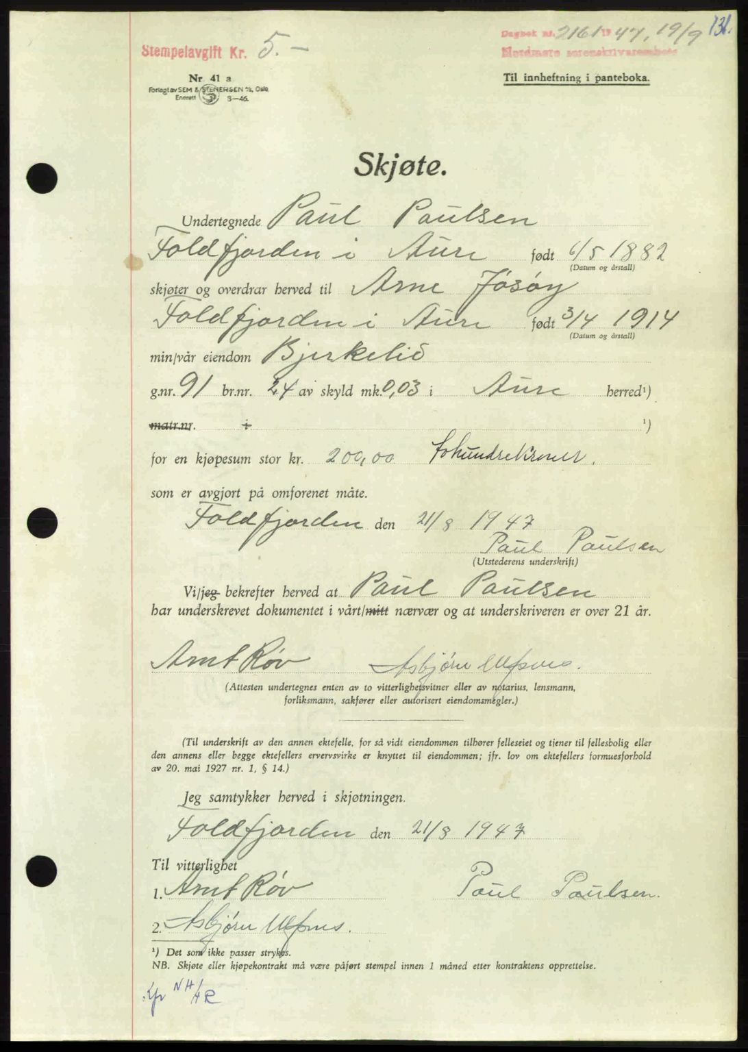 Nordmøre sorenskriveri, AV/SAT-A-4132/1/2/2Ca: Pantebok nr. A106, 1947-1947, Dagboknr: 2161/1947