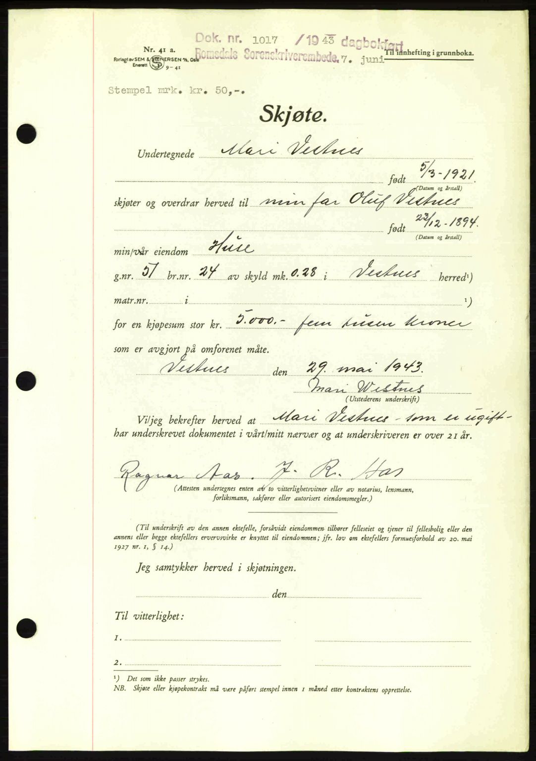 Romsdal sorenskriveri, SAT/A-4149/1/2/2C: Pantebok nr. A14, 1943-1943, Dagboknr: 1017/1943