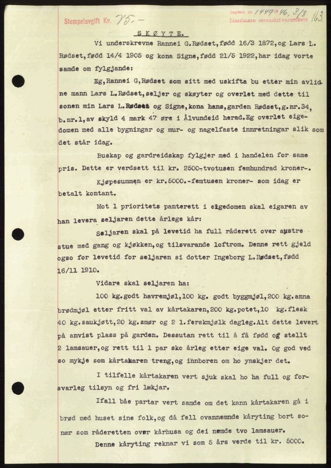 Nordmøre sorenskriveri, SAT/A-4132/1/2/2Ca: Pantebok nr. A102, 1946-1946, Dagboknr: 1449/1946
