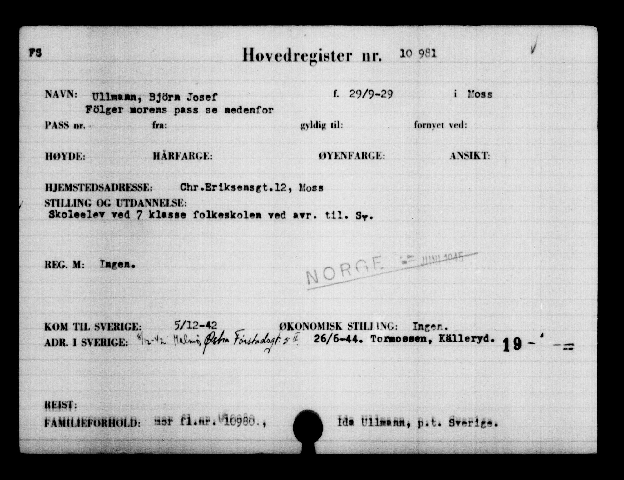 Utenriksstasjonene, Legasjonen i Stockholm, Flyktningkontoret, AV/RA-S-6753/V/Va/L0006: Kjesäterkartoteket, flyktninger med registreringsnr. 9400-12711, 1940-1945, s. 1803
