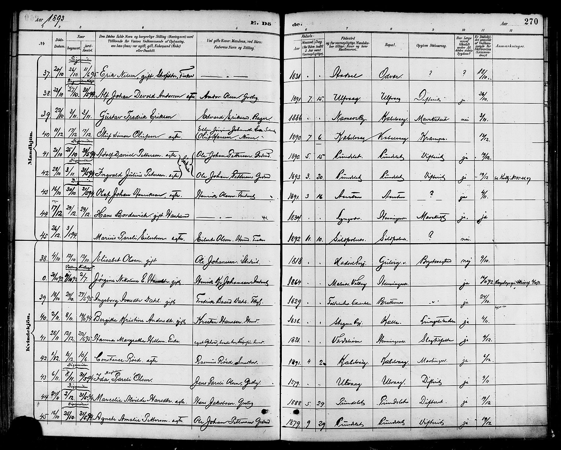 Ministerialprotokoller, klokkerbøker og fødselsregistre - Nordland, AV/SAT-A-1459/874/L1060: Ministerialbok nr. 874A04, 1890-1899, s. 270