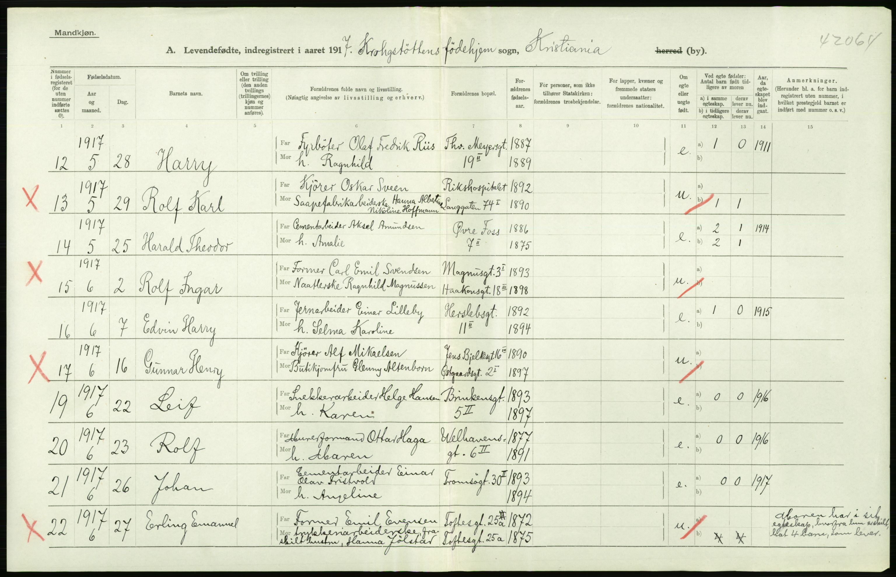 Statistisk sentralbyrå, Sosiodemografiske emner, Befolkning, AV/RA-S-2228/D/Df/Dfb/Dfbg/L0007: Kristiania: Levendefødte menn og kvinner., 1917, s. 812