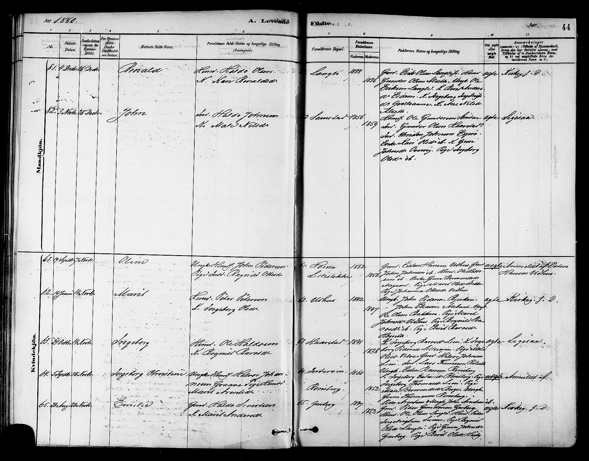 Ministerialprotokoller, klokkerbøker og fødselsregistre - Sør-Trøndelag, AV/SAT-A-1456/695/L1148: Ministerialbok nr. 695A08, 1878-1891, s. 44