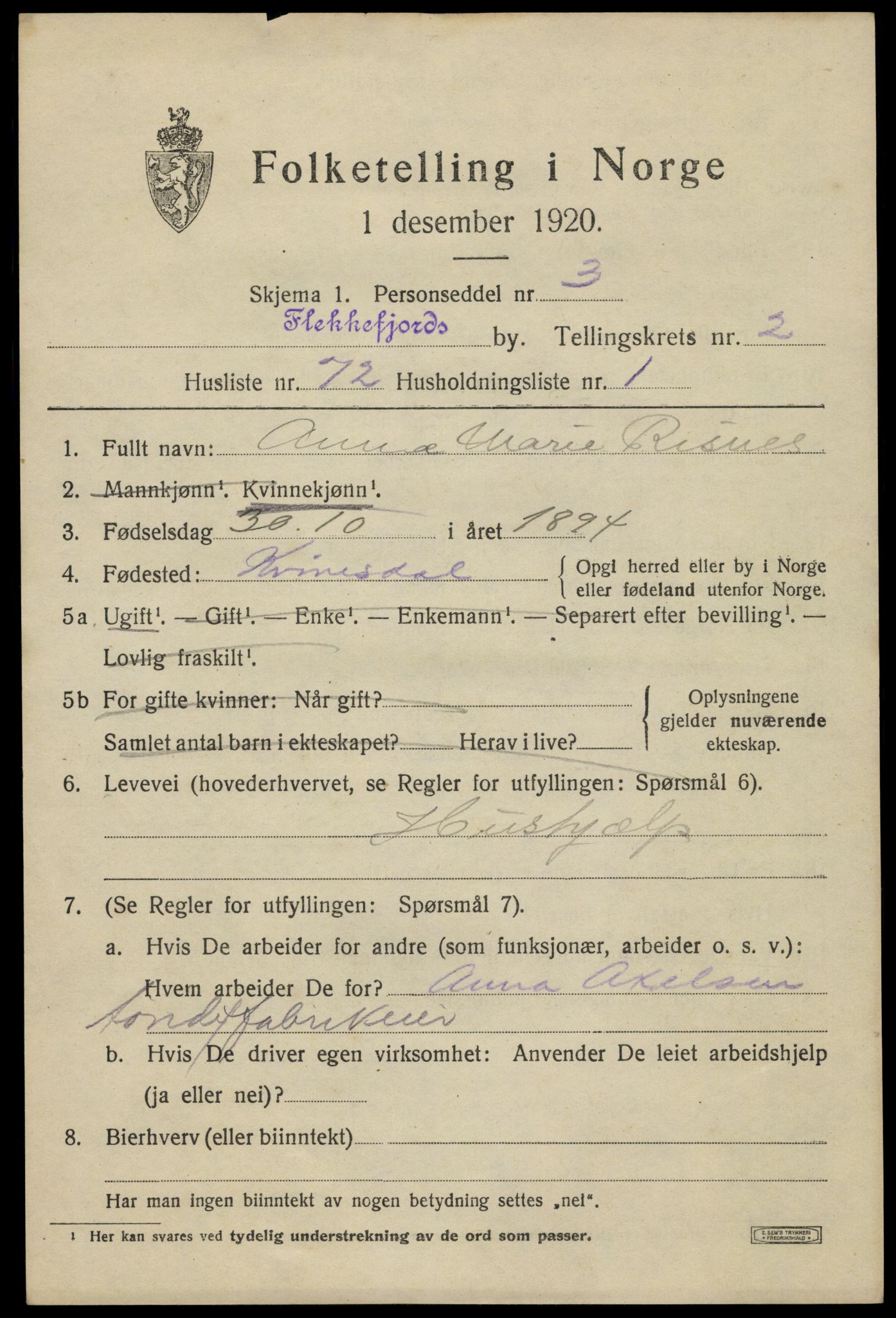 SAK, Folketelling 1920 for 1004 Flekkefjord kjøpstad, 1920, s. 3370