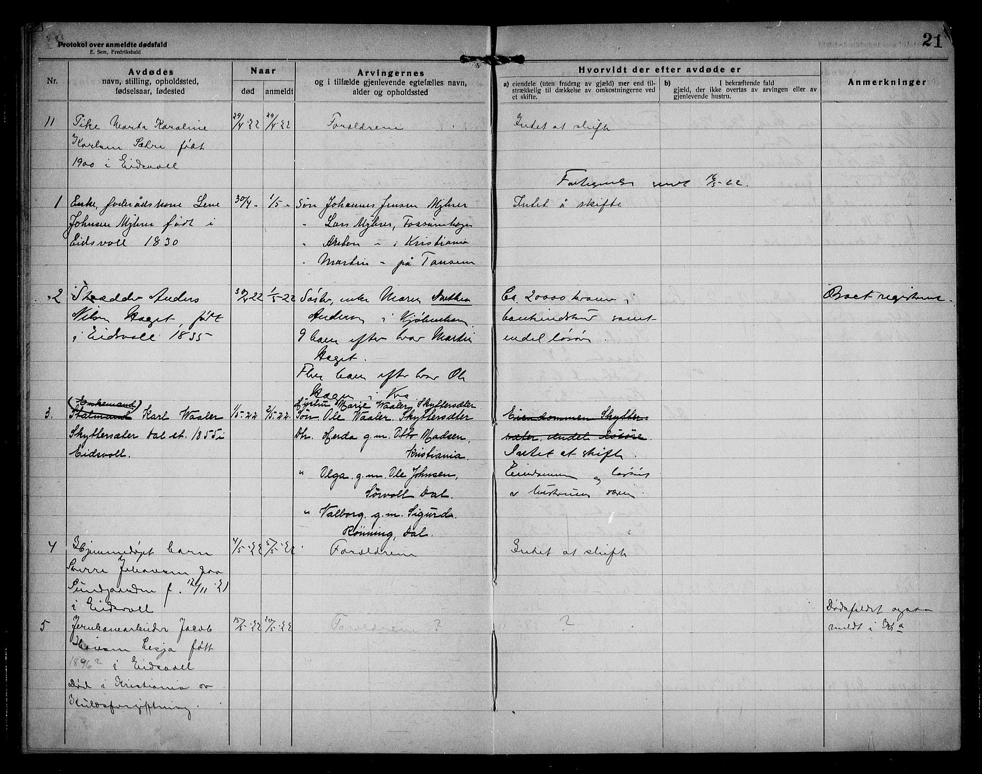 Eidsvoll lensmannskontor, AV/SAO-A-10266a/H/Ha/Haa/L0005: Dødsfallprotokoll, 1921-1930, s. 21