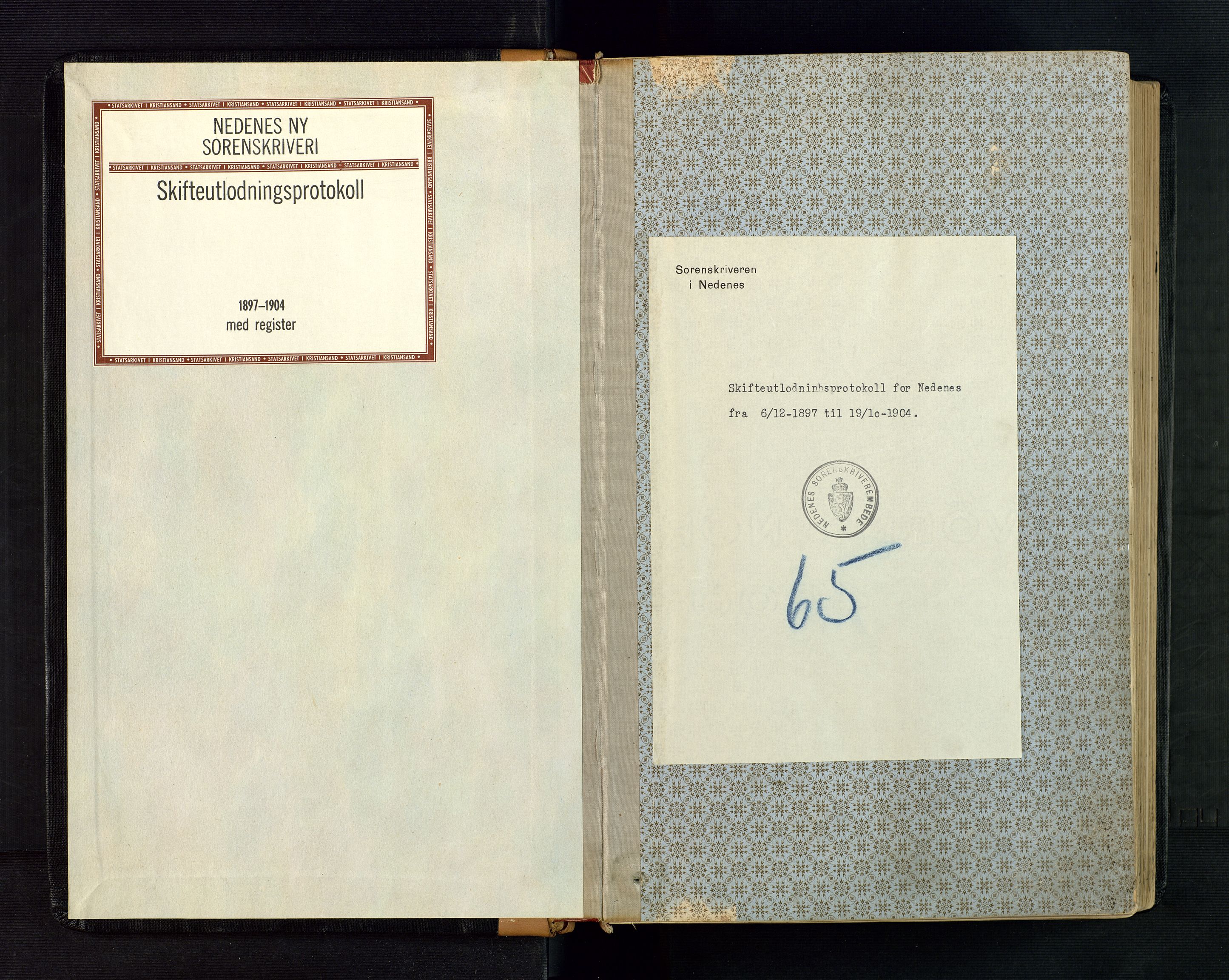 Nedenes sorenskriveri, SAK/1221-0006/H/Hc/L0019: Skifteutlodningsprotokoll nr 5 med register, 1897-1904