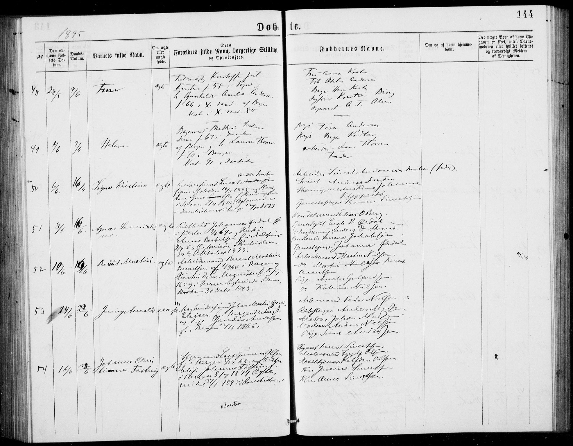 Fødselsstiftelsens sokneprestembete, ført av overlegen*, SAB/-: Ministerialbok nr. A 2, 1884-1900, s. 144
