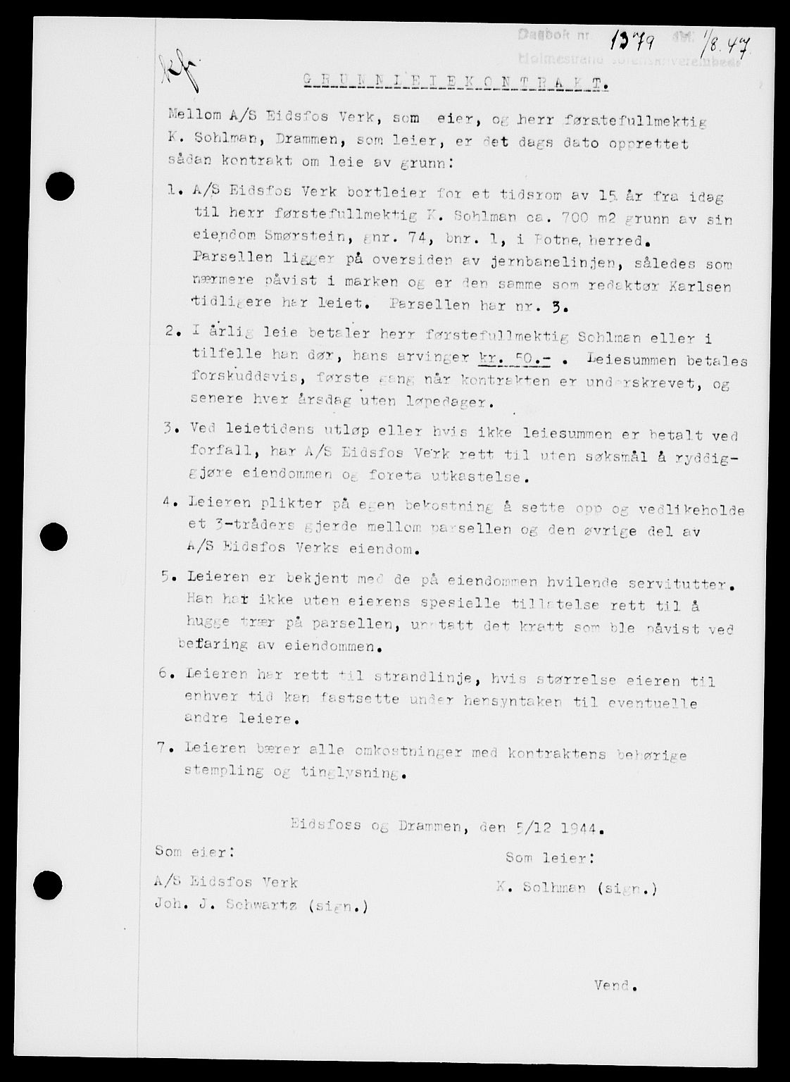 Holmestrand sorenskriveri, SAKO/A-67/G/Ga/Gaa/L0062: Pantebok nr. A-62, 1947-1947, Dagboknr: 1379/1947
