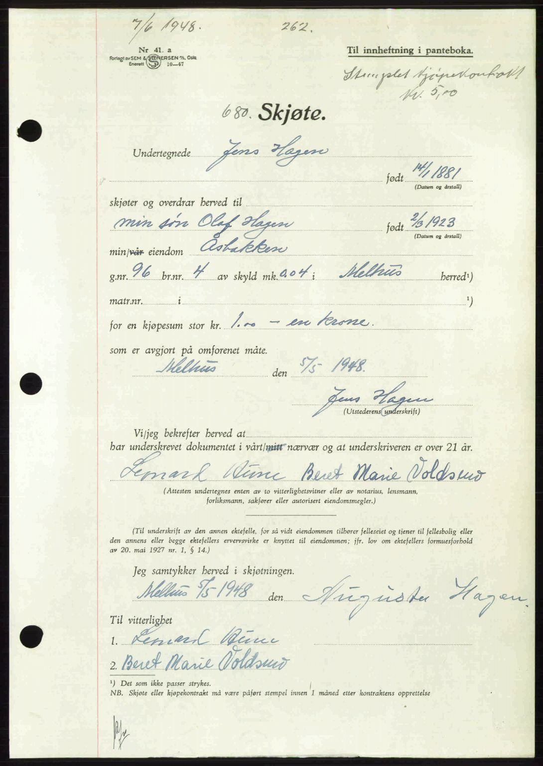 Gauldal sorenskriveri, SAT/A-0014/1/2/2C: Pantebok nr. A6, 1948-1948, Dagboknr: 680/1948