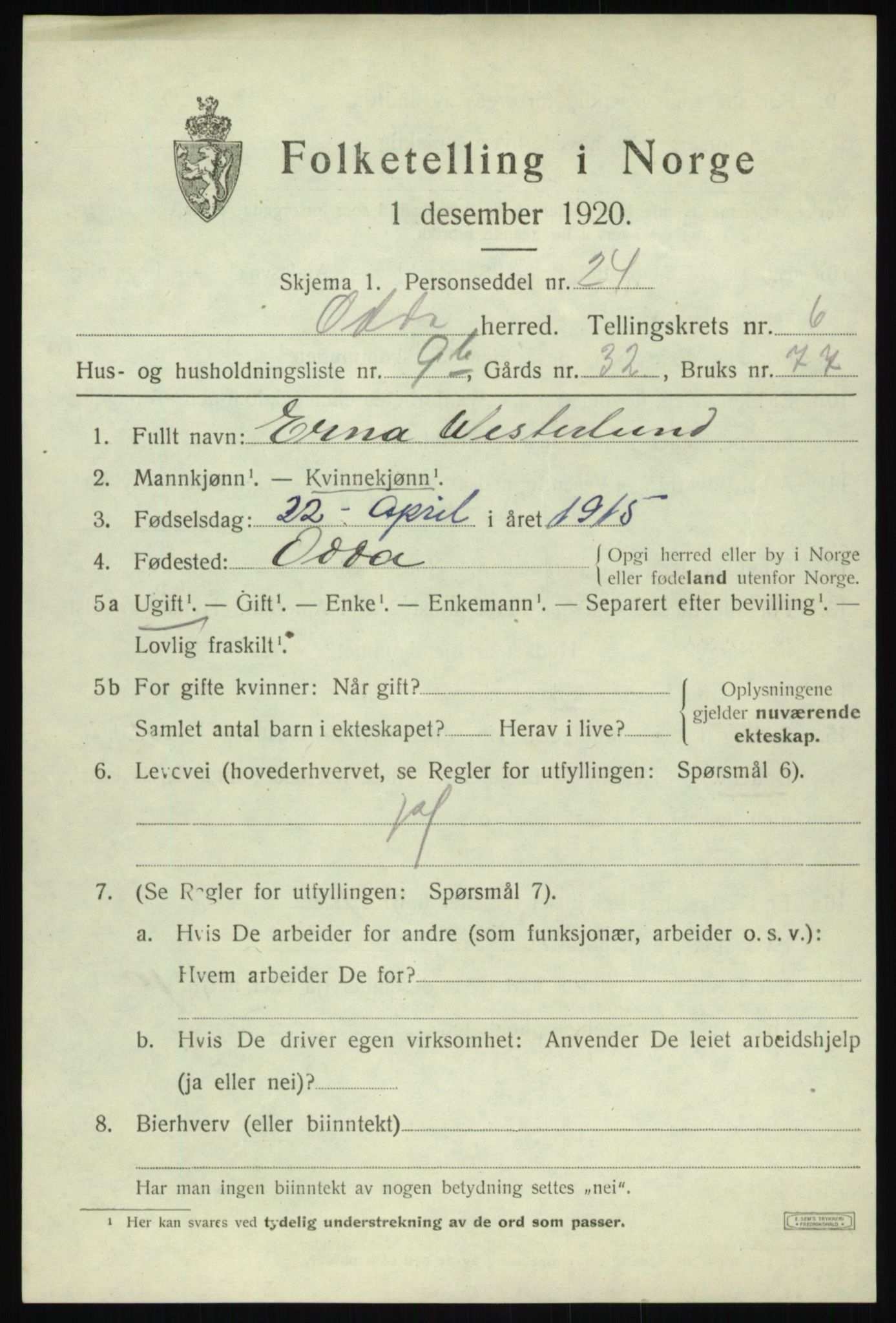 SAB, Folketelling 1920 for 1228 Odda herred, 1920, s. 4285