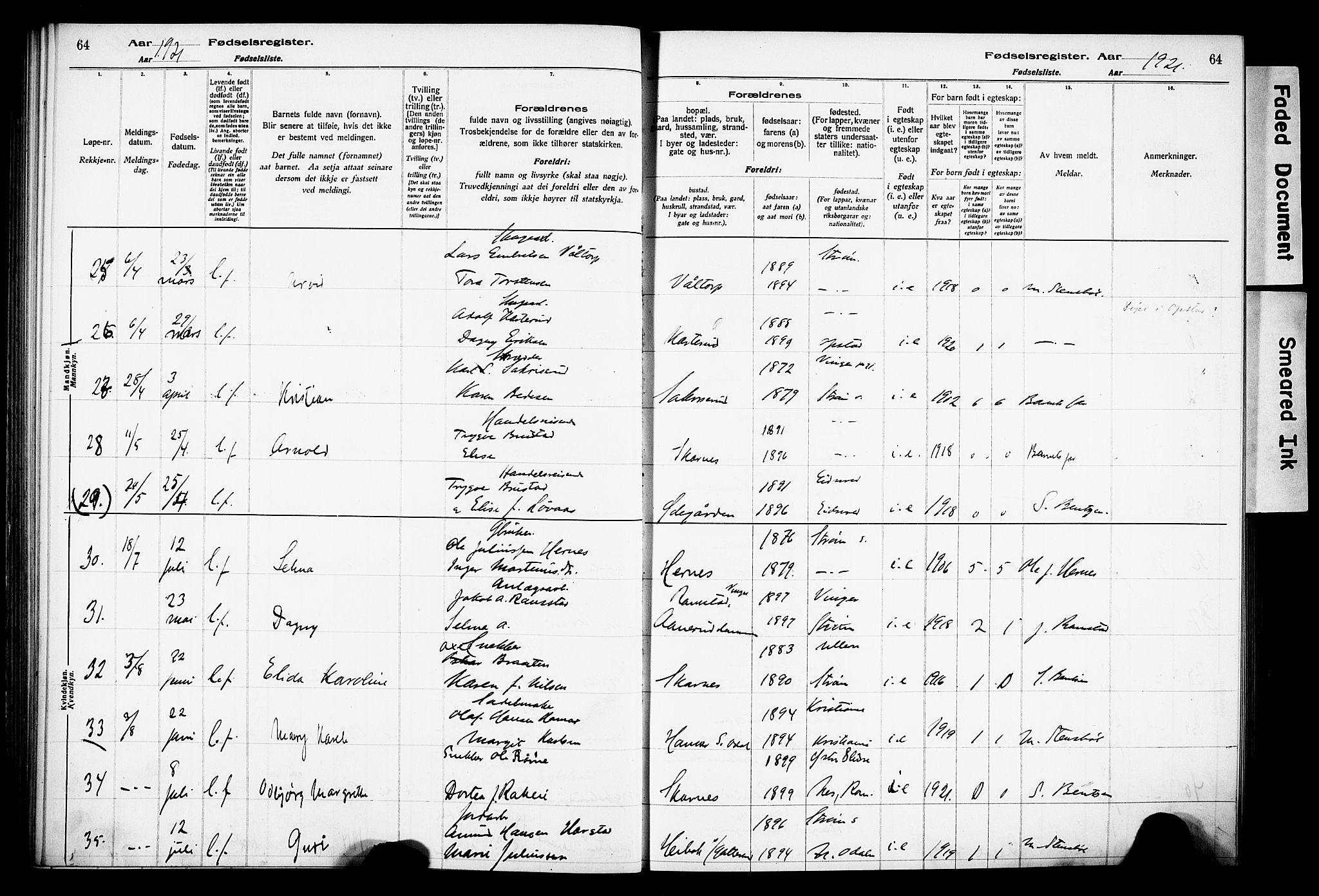 Sør-Odal prestekontor, AV/SAH-PREST-030/I/Id: Fødselsregister nr. 1, 1916-1931, s. 64