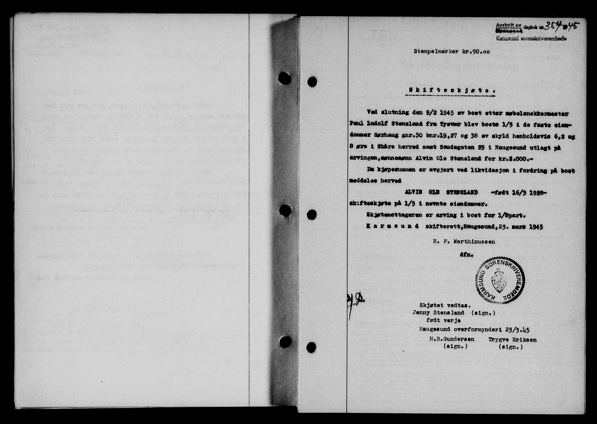 Karmsund sorenskriveri, SAST/A-100311/01/II/IIB/L0083: Pantebok nr. 64A, 1944-1945, Dagboknr: 354/1945