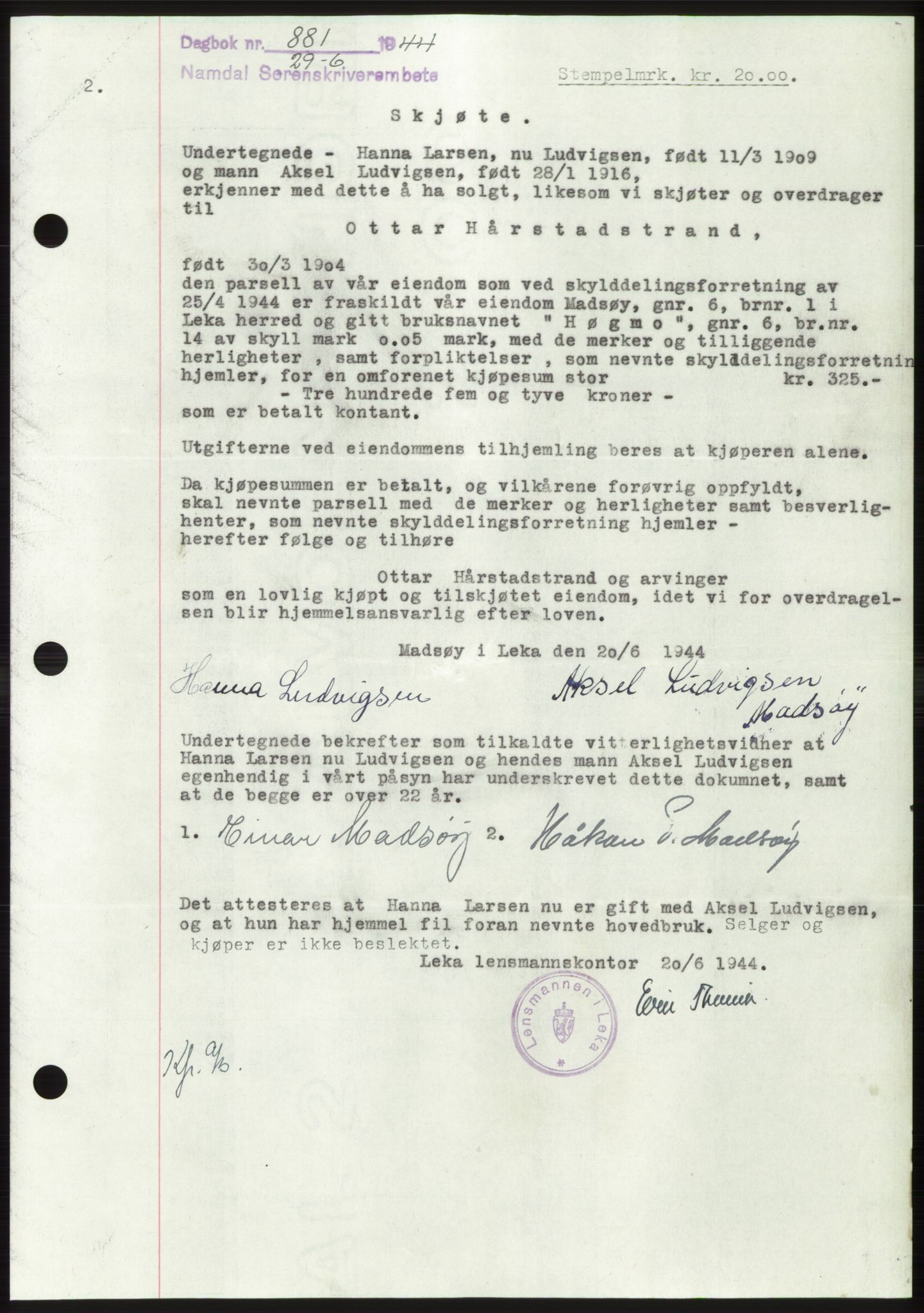 Namdal sorenskriveri, SAT/A-4133/1/2/2C: Pantebok nr. -, 1944-1945, Dagboknr: 881/1944