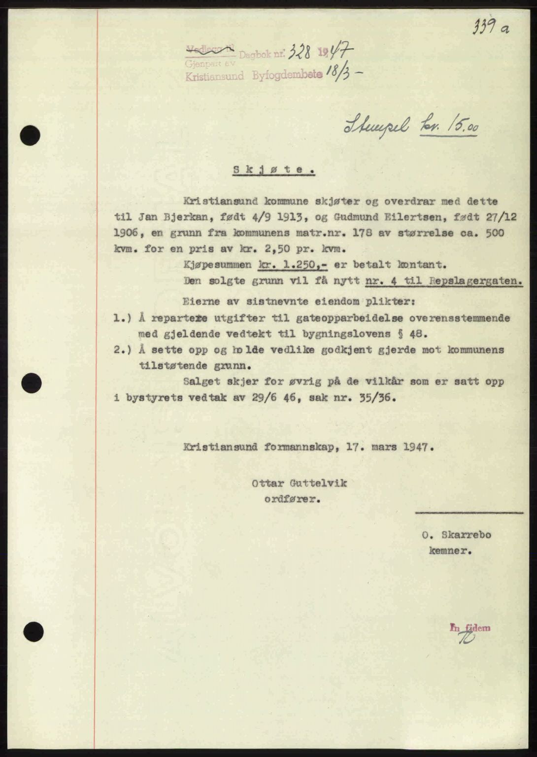 Kristiansund byfogd, AV/SAT-A-4587/A/27: Pantebok nr. 39b, 1946-1947, Dagboknr: 328/1947
