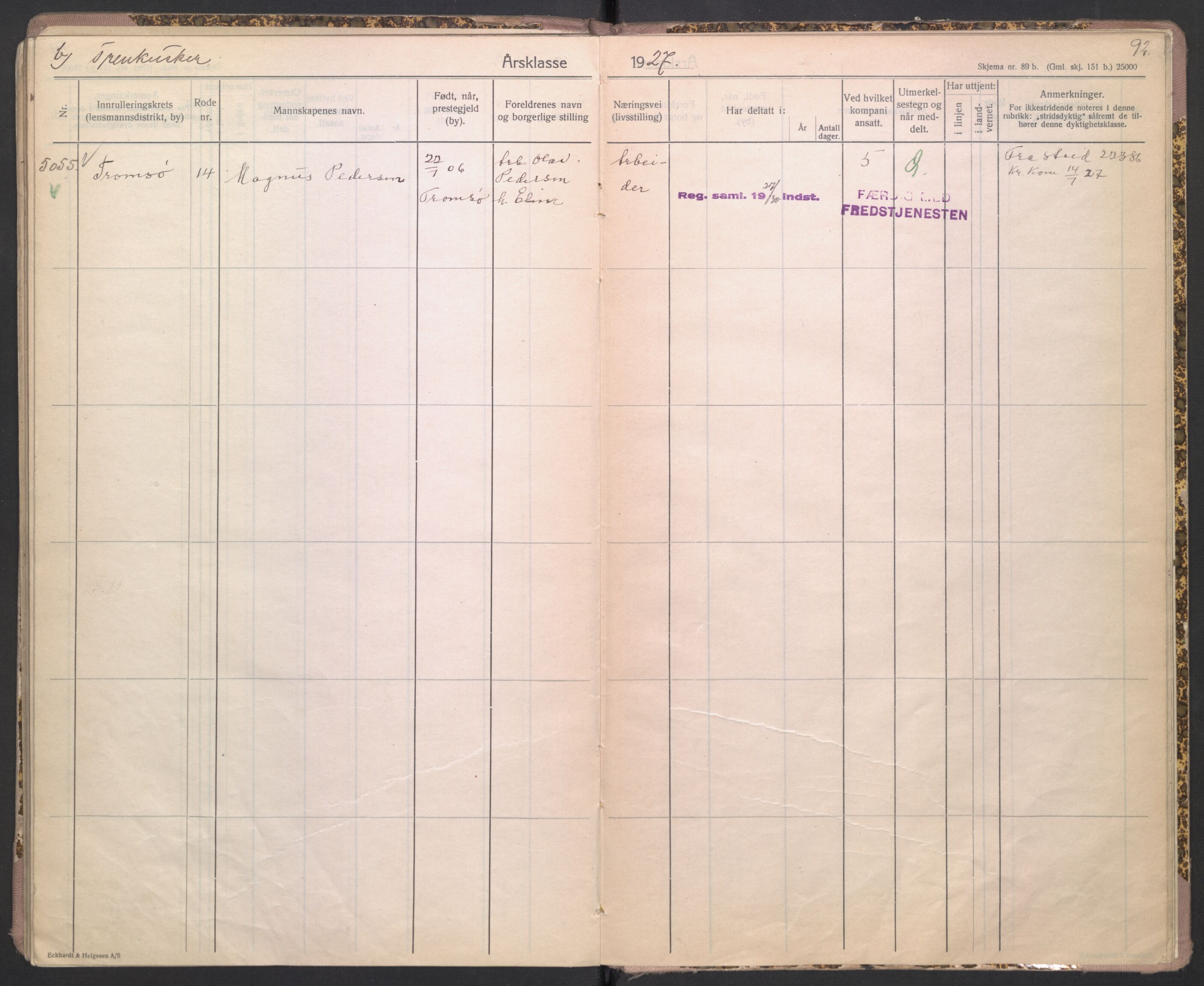 Forsvaret, Troms infanteriregiment nr. 16, AV/RA-RAFA-3146/P/Pa/L0004/0004: Ruller / Rulle for Bardu bataljons menige mannskaper, årsklasse 1927, 1927, s. 92