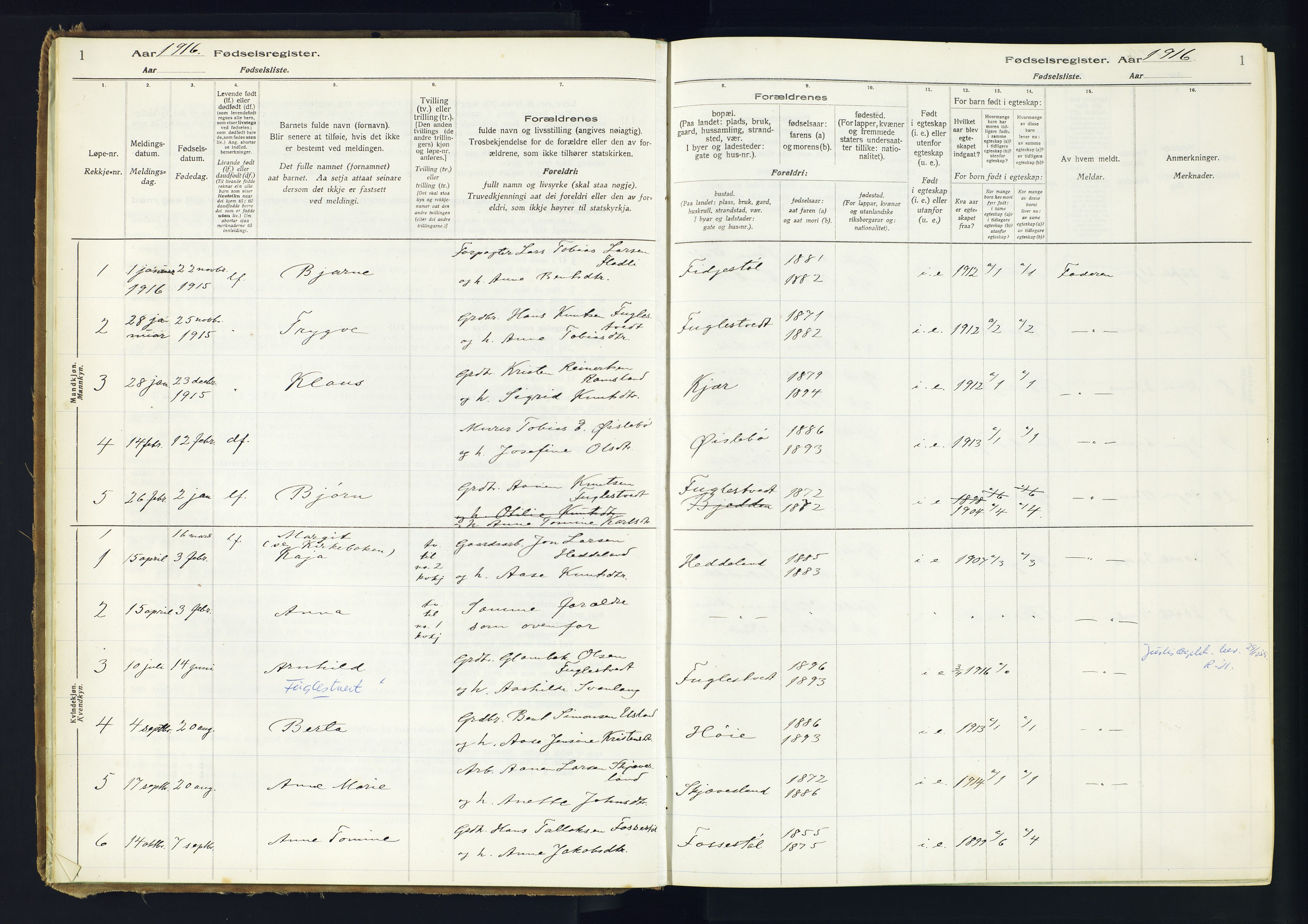 Holum sokneprestkontor, SAK/1111-0022/J/Ja/L0002: Fødselsregister nr. II.6.11, 1916-1982, s. 1