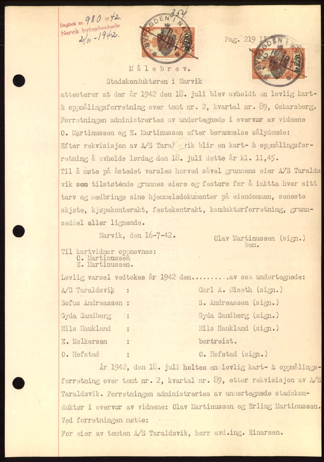 Narvik sorenskriveri, SAT/A-0002/1/2/2C/2Ca: Pantebok nr. A19, 1942-1943, Dagboknr: 980/1942