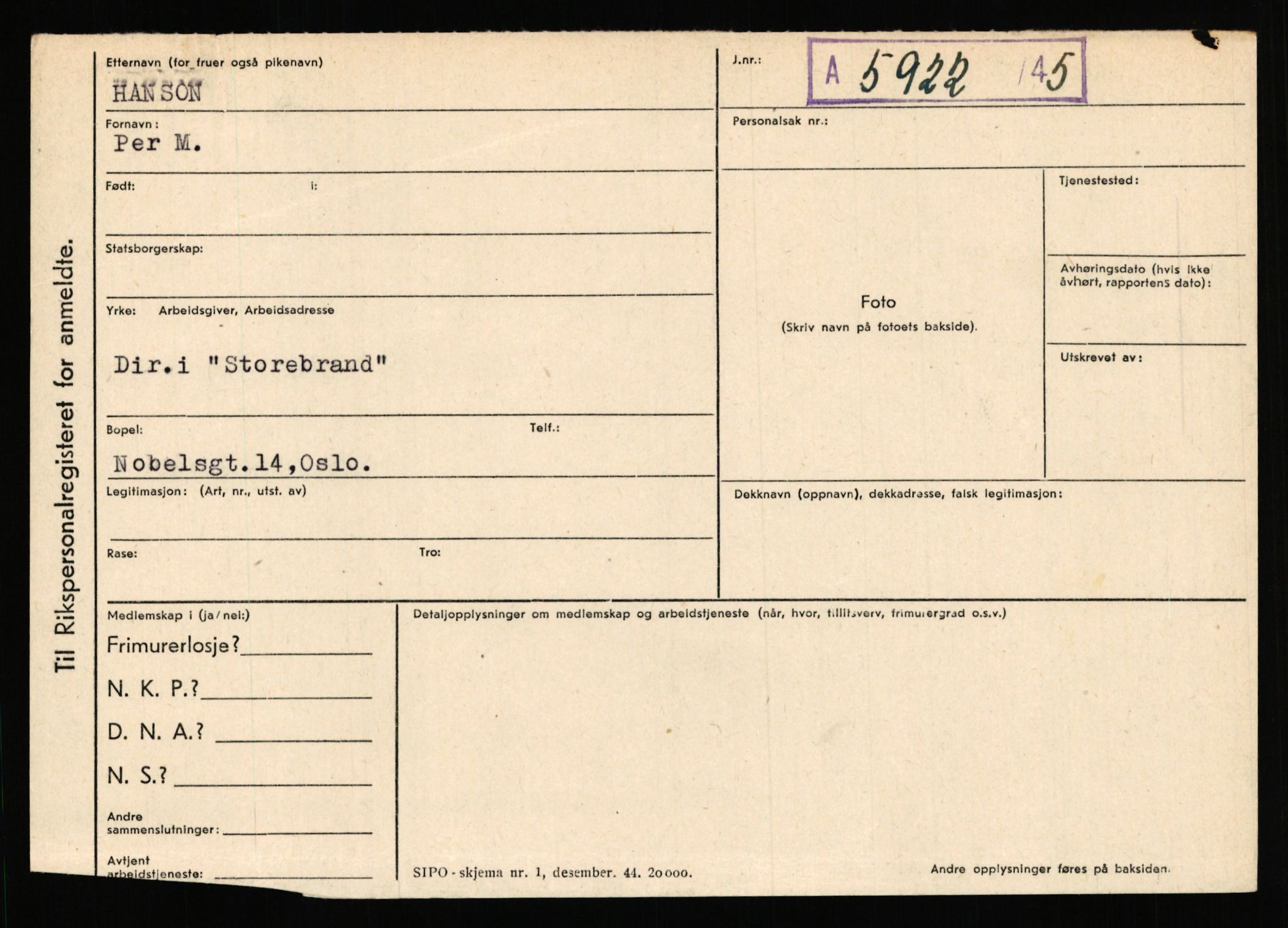 Statspolitiet - Hovedkontoret / Osloavdelingen, AV/RA-S-1329/C/Ca/L0006: Hanche - Hokstvedt, 1943-1945, s. 1730