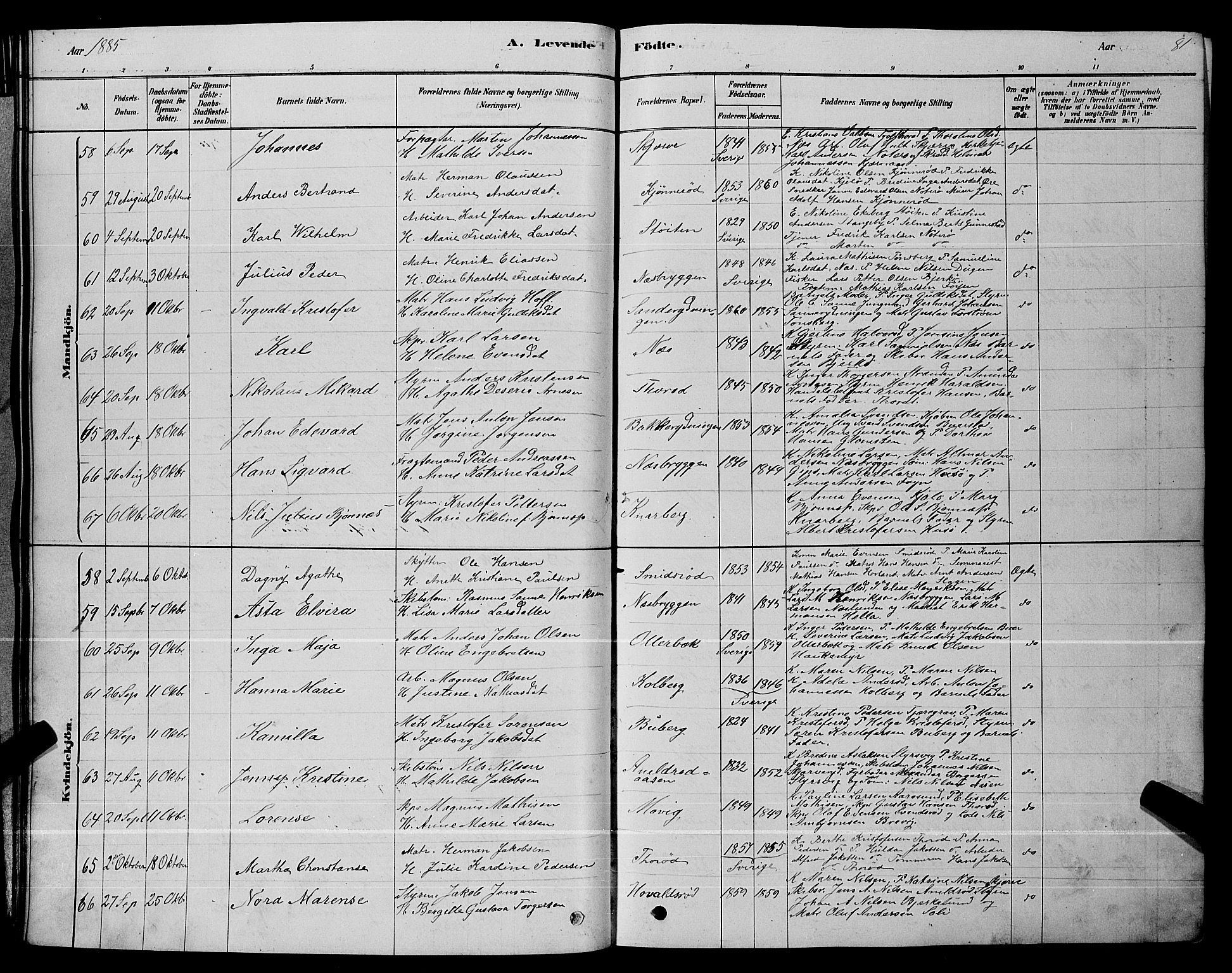 Nøtterøy kirkebøker, AV/SAKO-A-354/G/Ga/L0003: Klokkerbok nr. I 3, 1878-1893, s. 81