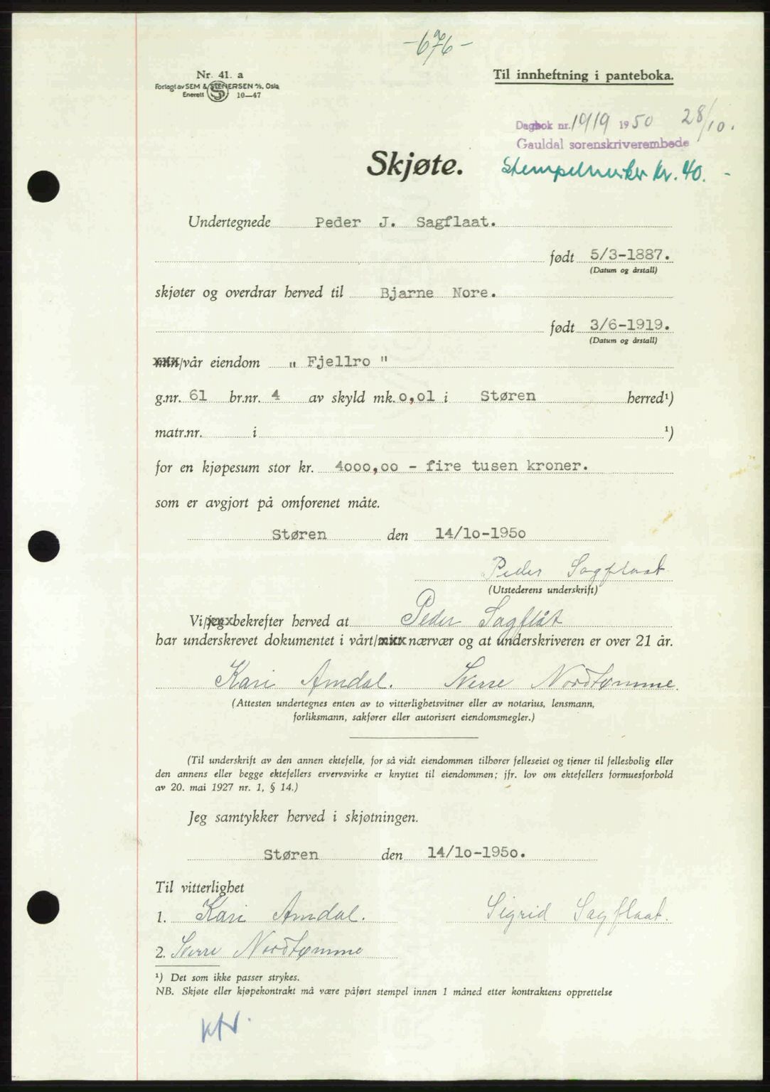 Gauldal sorenskriveri, SAT/A-0014/1/2/2C: Pantebok nr. A11, 1950-1950, Dagboknr: 1919/1950