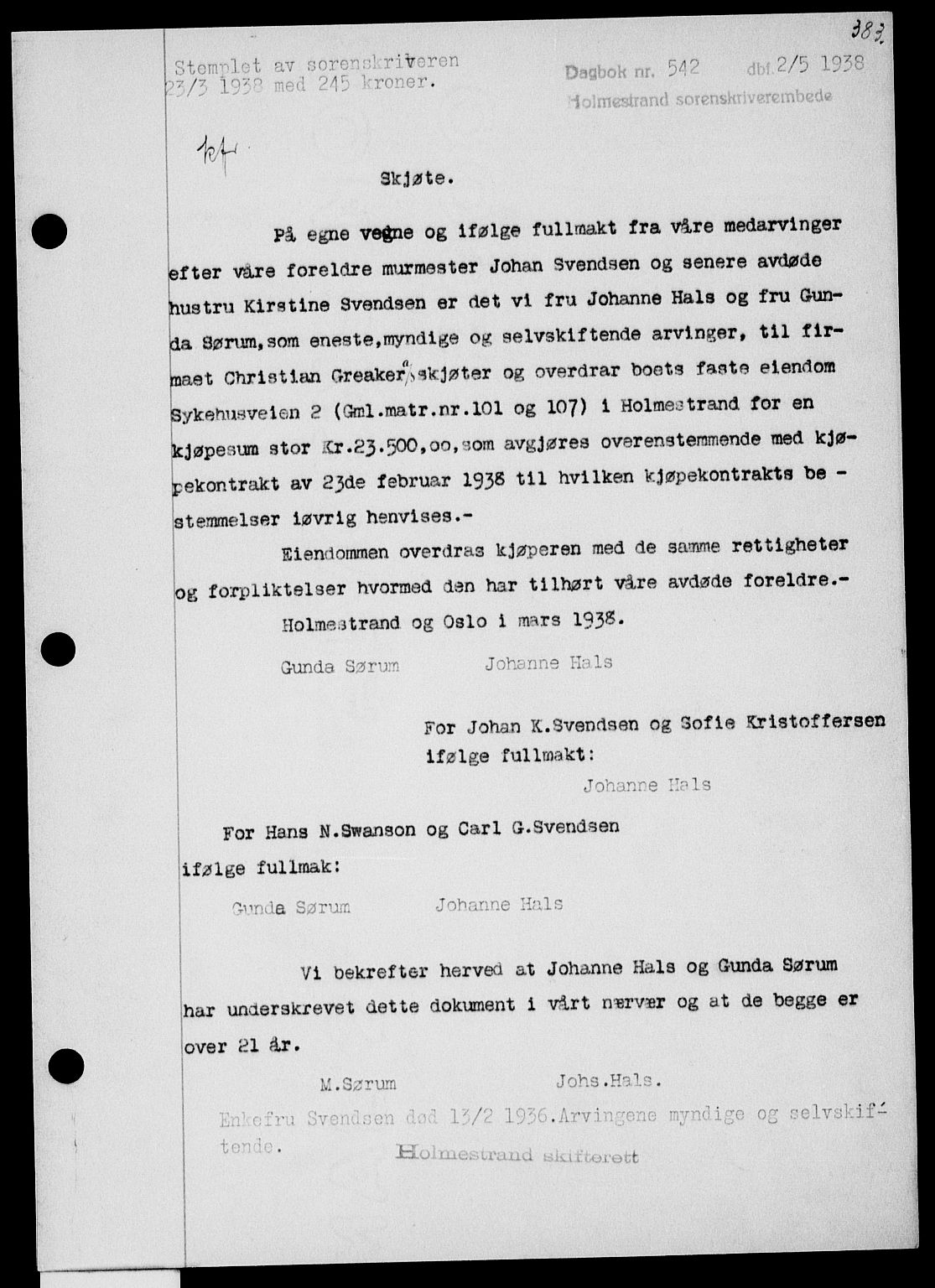 Holmestrand sorenskriveri, SAKO/A-67/G/Ga/Gaa/L0049: Pantebok nr. A-49, 1937-1938, Dagboknr: 542/1938
