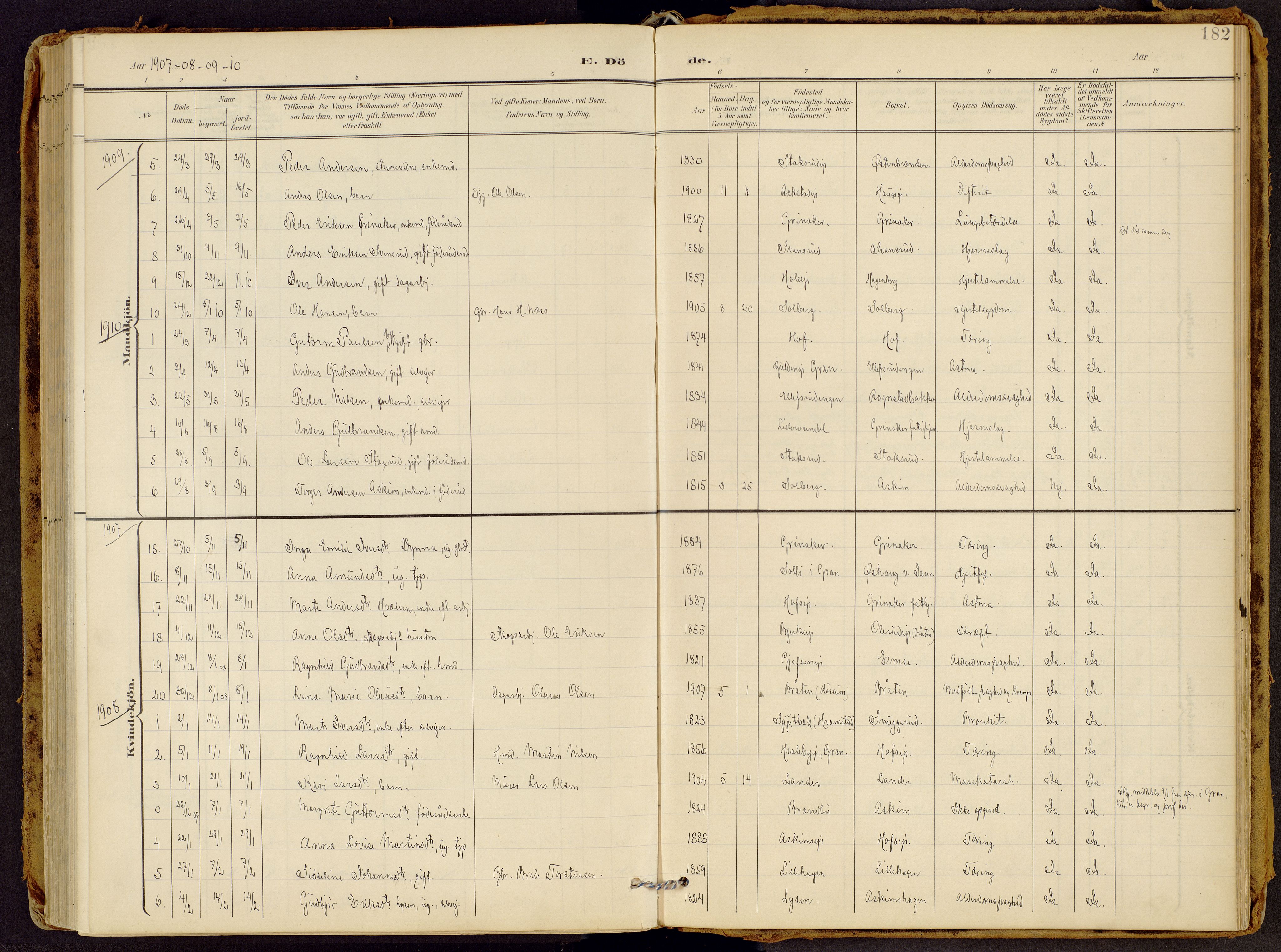 Brandbu prestekontor, SAH/PREST-114/H/Ha/Haa/L0002: Ministerialbok nr. 2, 1899-1914, s. 182