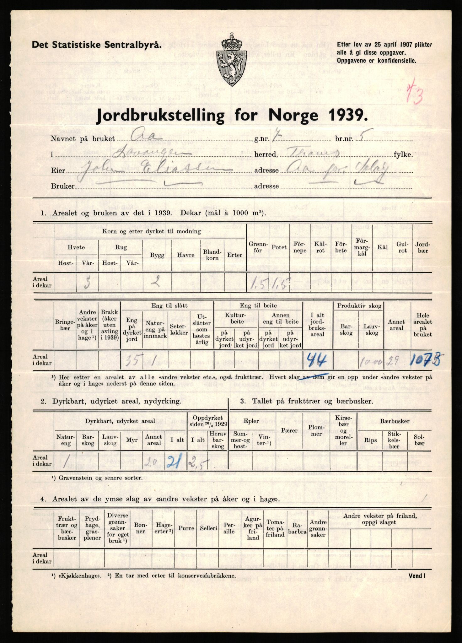 Statistisk sentralbyrå, Næringsøkonomiske emner, Jordbruk, skogbruk, jakt, fiske og fangst, AV/RA-S-2234/G/Gb/L0339: Troms: Andørja, Astafjord og Lavangen, 1939, s. 1195