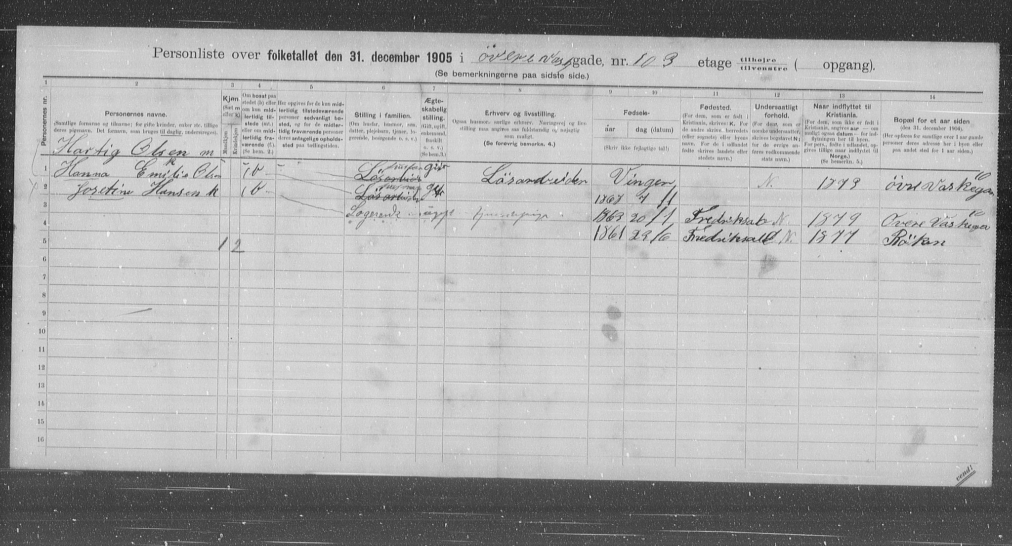 OBA, Kommunal folketelling 31.12.1905 for Kristiania kjøpstad, 1905, s. 68389