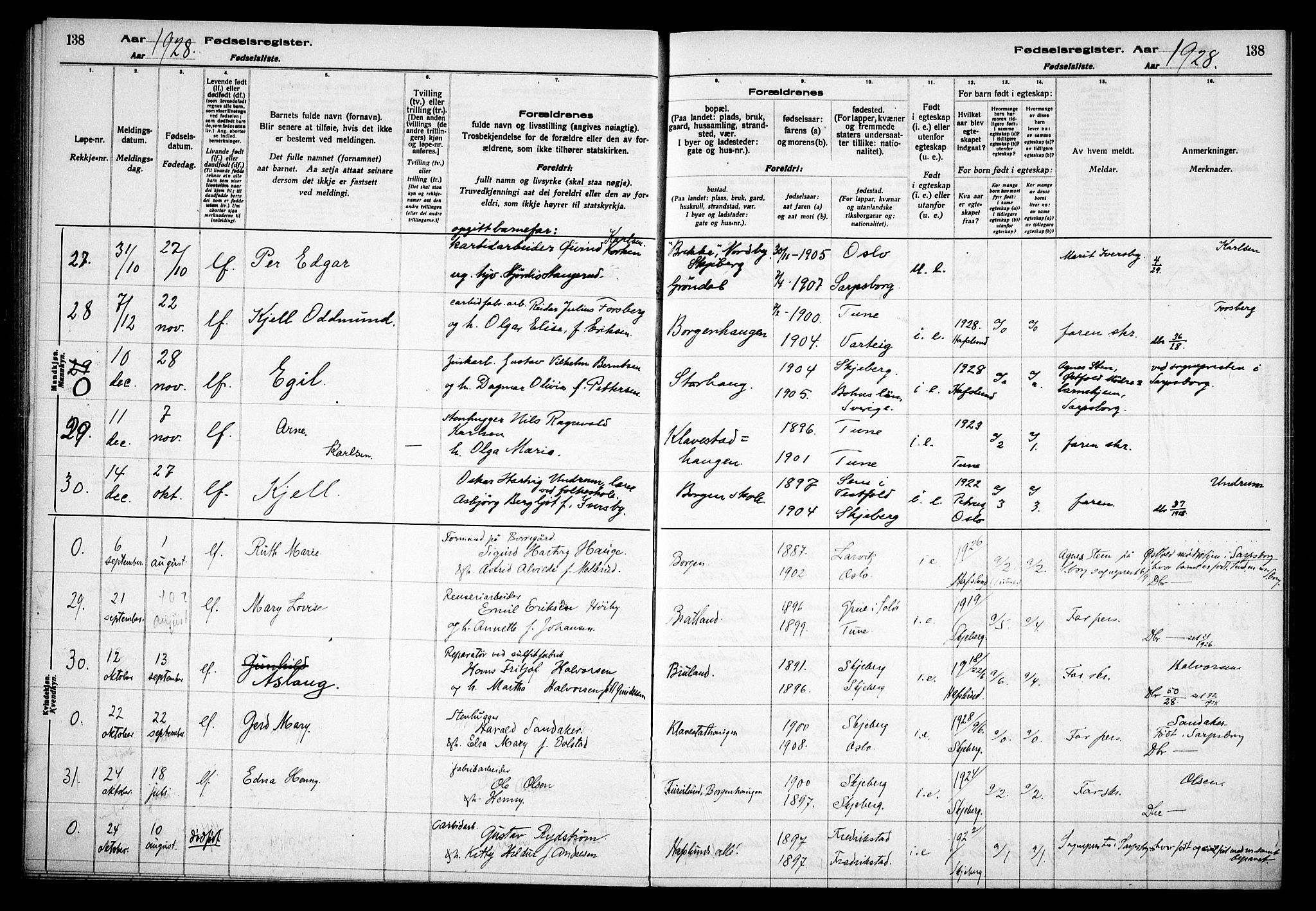 Skjeberg prestekontor Kirkebøker, AV/SAO-A-10923/J/Jd/L0001: Fødselsregister nr. IV 1, 1916-1935, s. 138