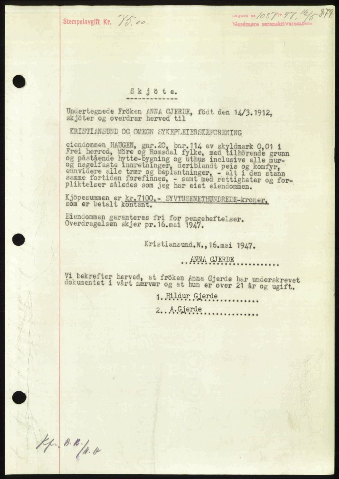 Nordmøre sorenskriveri, AV/SAT-A-4132/1/2/2Ca: Pantebok nr. A104, 1947-1947, Dagboknr: 1087/1947
