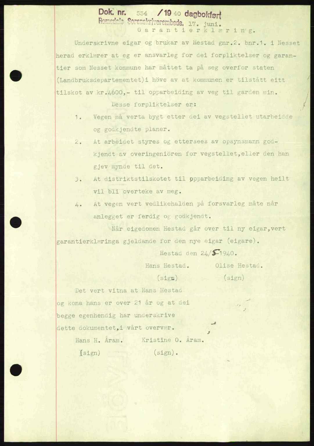 Romsdal sorenskriveri, SAT/A-4149/1/2/2C: Pantebok nr. B2, 1939-1945, Dagboknr: 534/1940