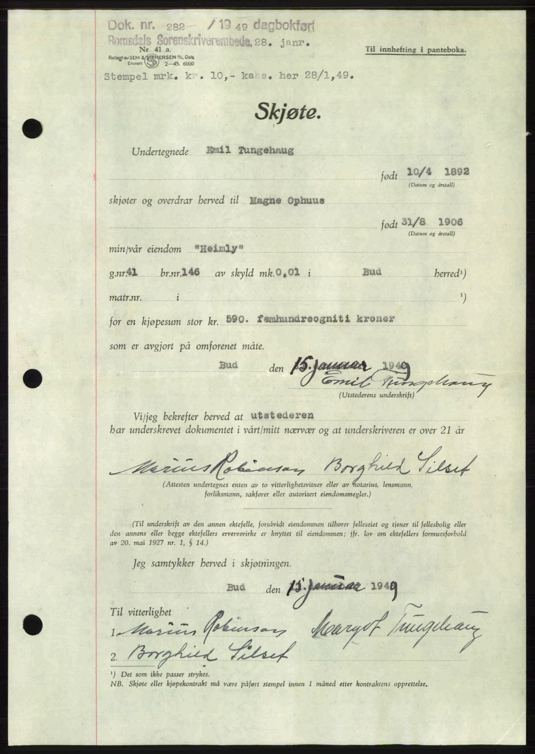 Romsdal sorenskriveri, AV/SAT-A-4149/1/2/2C: Pantebok nr. A28, 1948-1949, Dagboknr: 282/1949