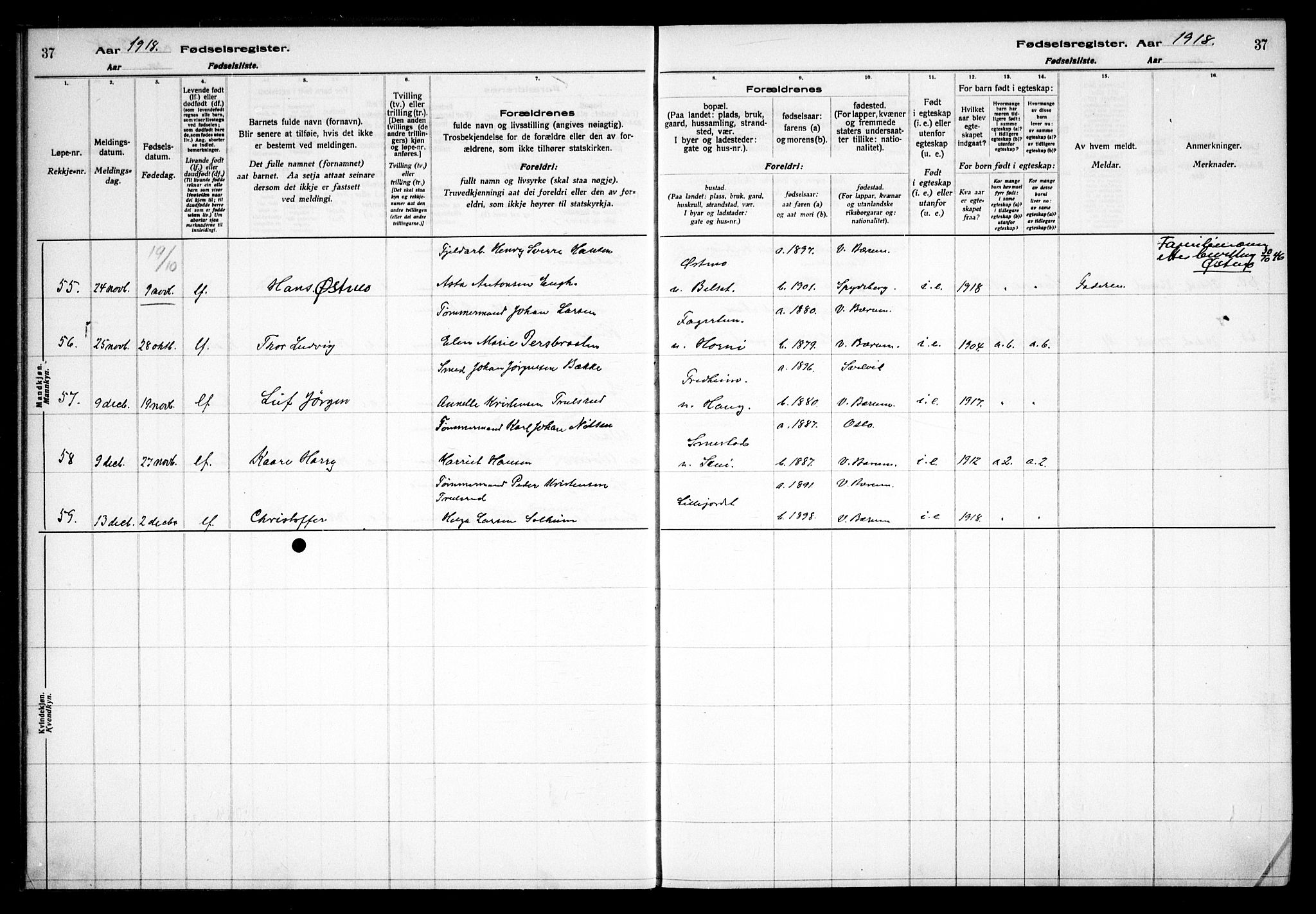 Vestre Bærum prestekontor Kirkebøker, SAO/A-10209a/J/L0001: Fødselsregister nr. 1, 1916-1926, s. 37